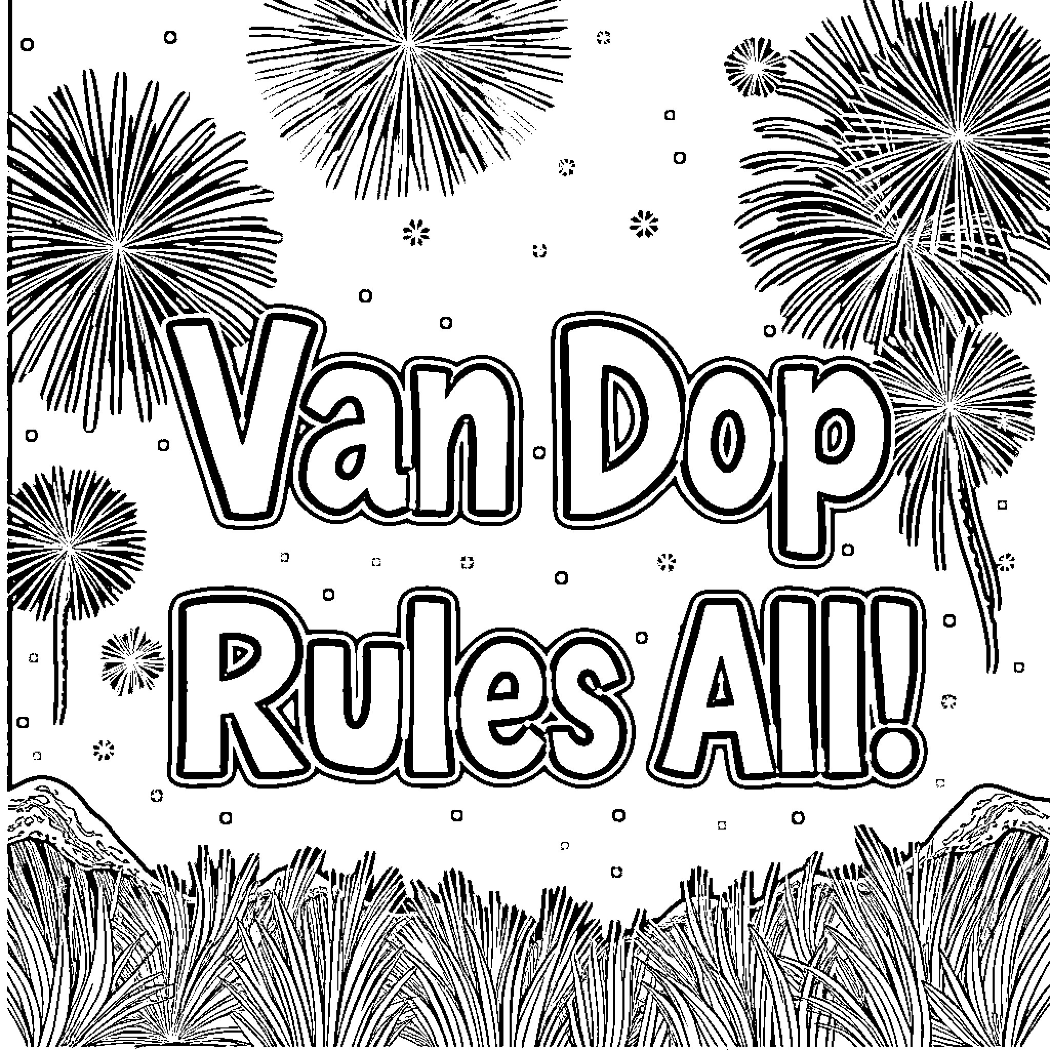 Van Dop Celebrates Fireworks and Fun Coloring Page (free black-and-white line drawing printable PDF for all, from beginners to advanced learners, including children, teens, adults, and seniors)