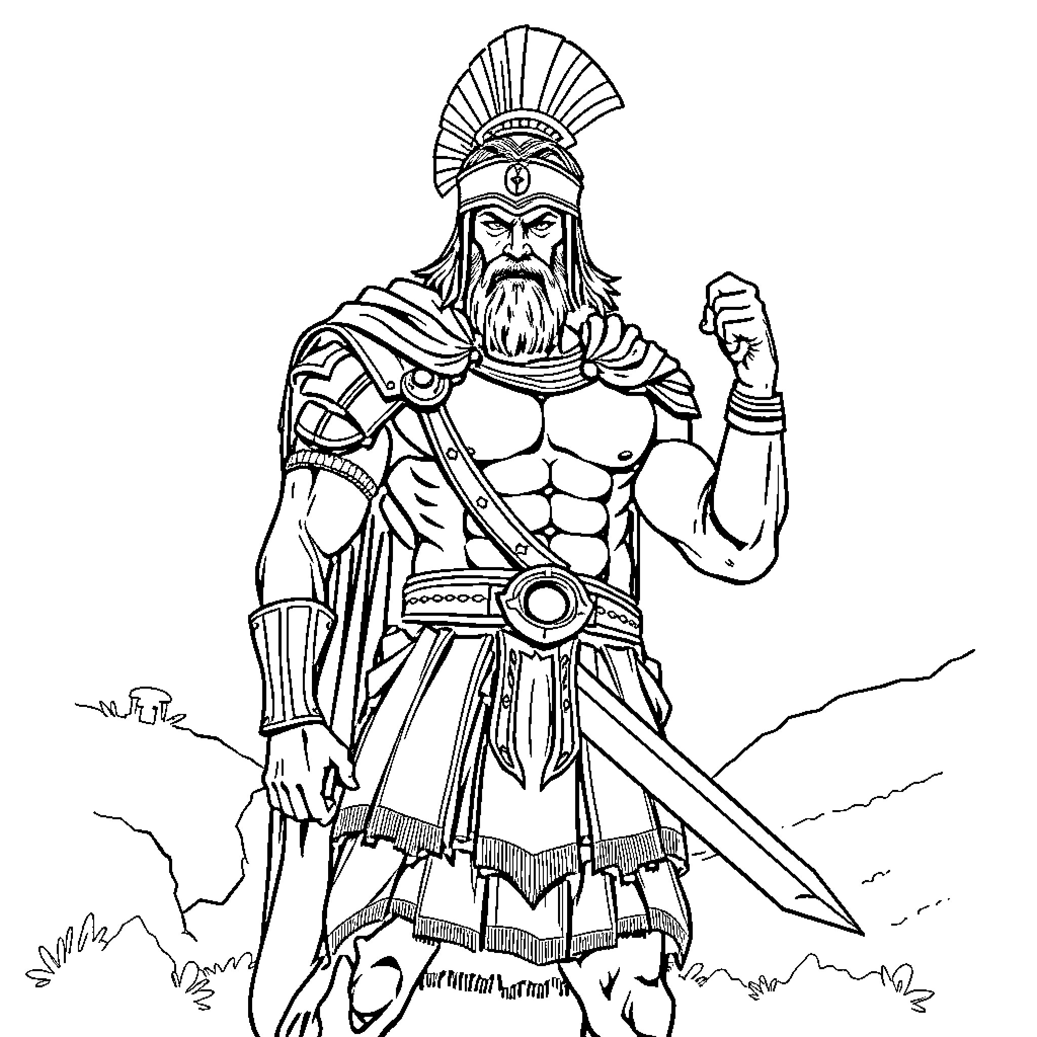 Roman Warrior in Powerful Stance with Sword and Armor Coloring Page (free black-and-white line drawing printable PDF for all, from beginners to advanced learners, including children, teens, adults, and seniors)