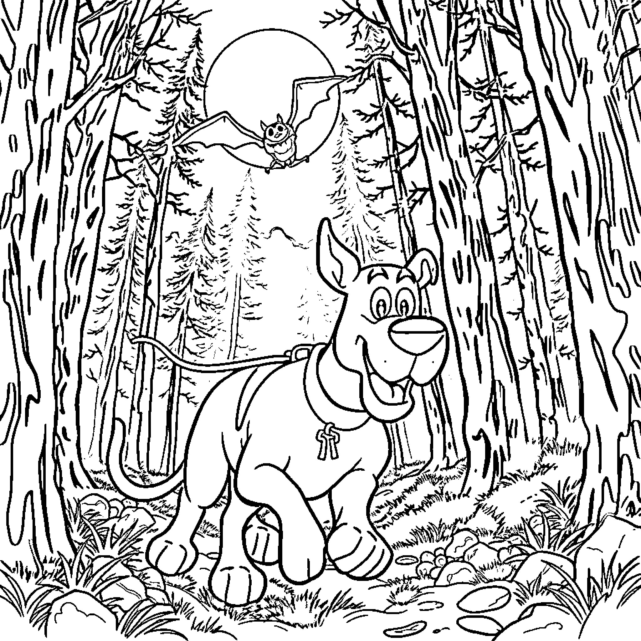 Scooby Doo exploring the mysterious forest Coloring Page (free black-and-white line drawing printable PDF for all, from beginners to advanced learners, including children, teens, adults, and seniors)