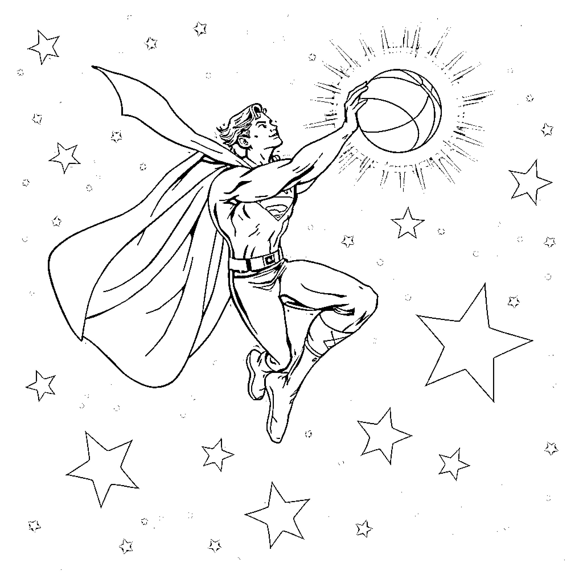 Superman soaring through the starry night sky Coloring Page (free black-and-white line drawing printable PDF for all, from beginners to advanced learners, including children, teens, adults, and seniors)