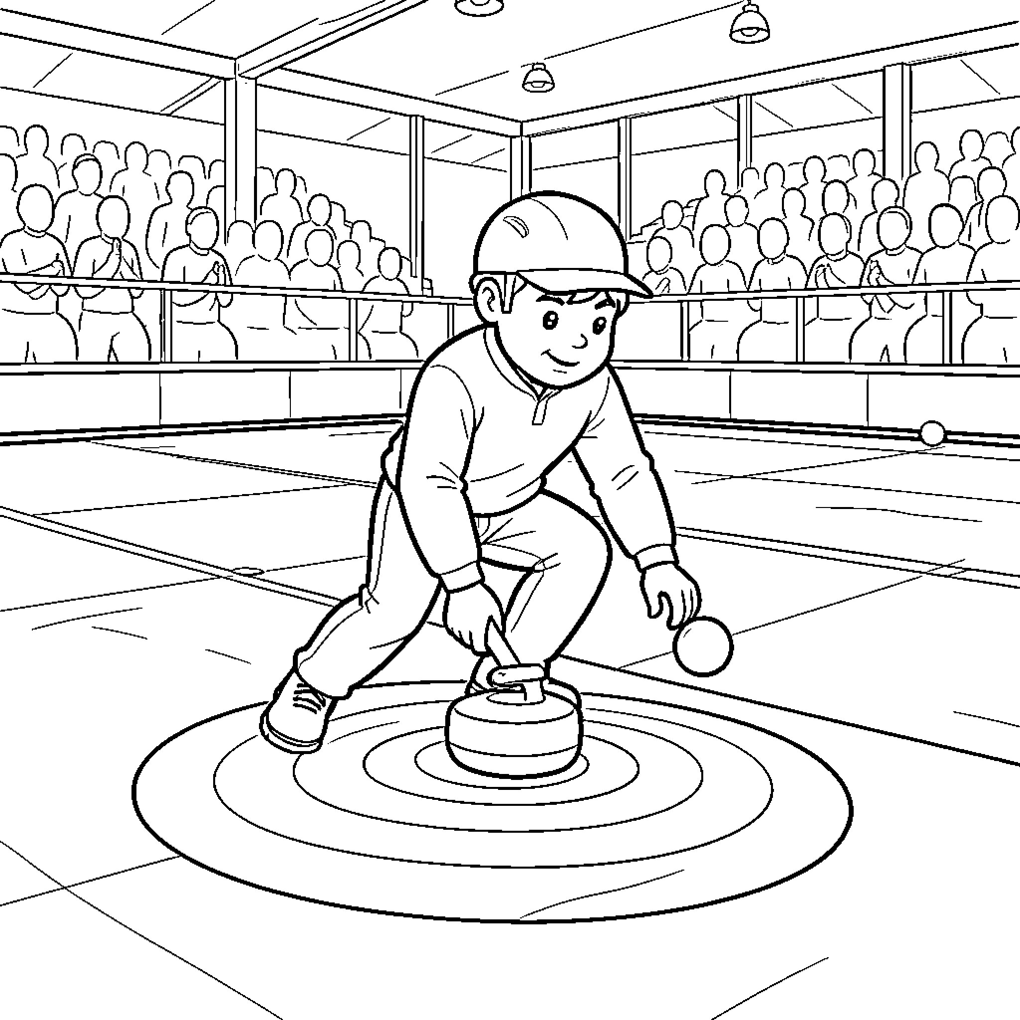 Curling player delivering a stone during a match Coloring Page (free black-and-white line drawing printable PDF for all, from beginners to advanced learners, including children, teens, adults, and seniors)