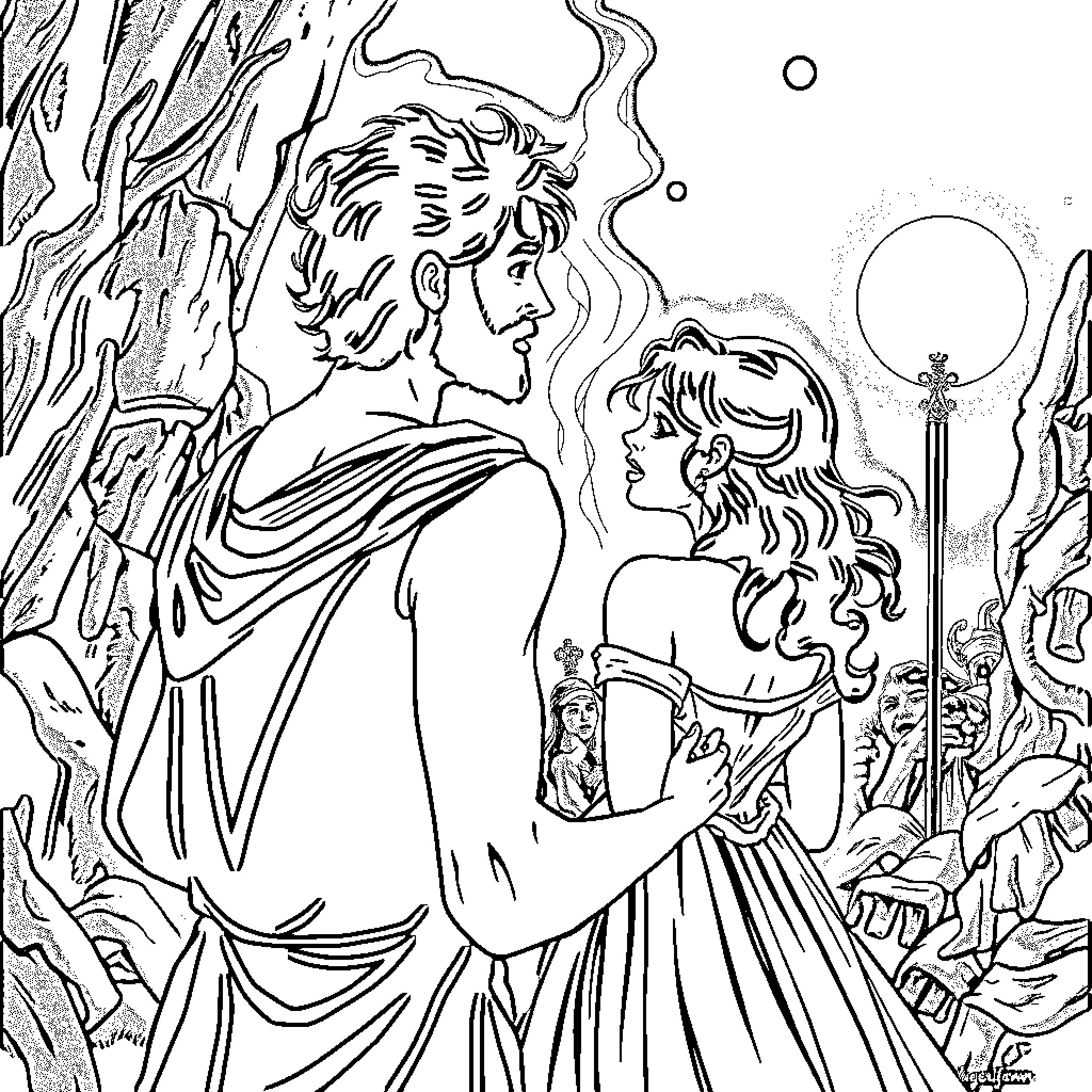 Orpheus' passionate embrace with his beloved Eurydice Coloring Page (free black-and-white line drawing printable PDF for all, from beginners to advanced learners, including children, teens, adults, and seniors)
