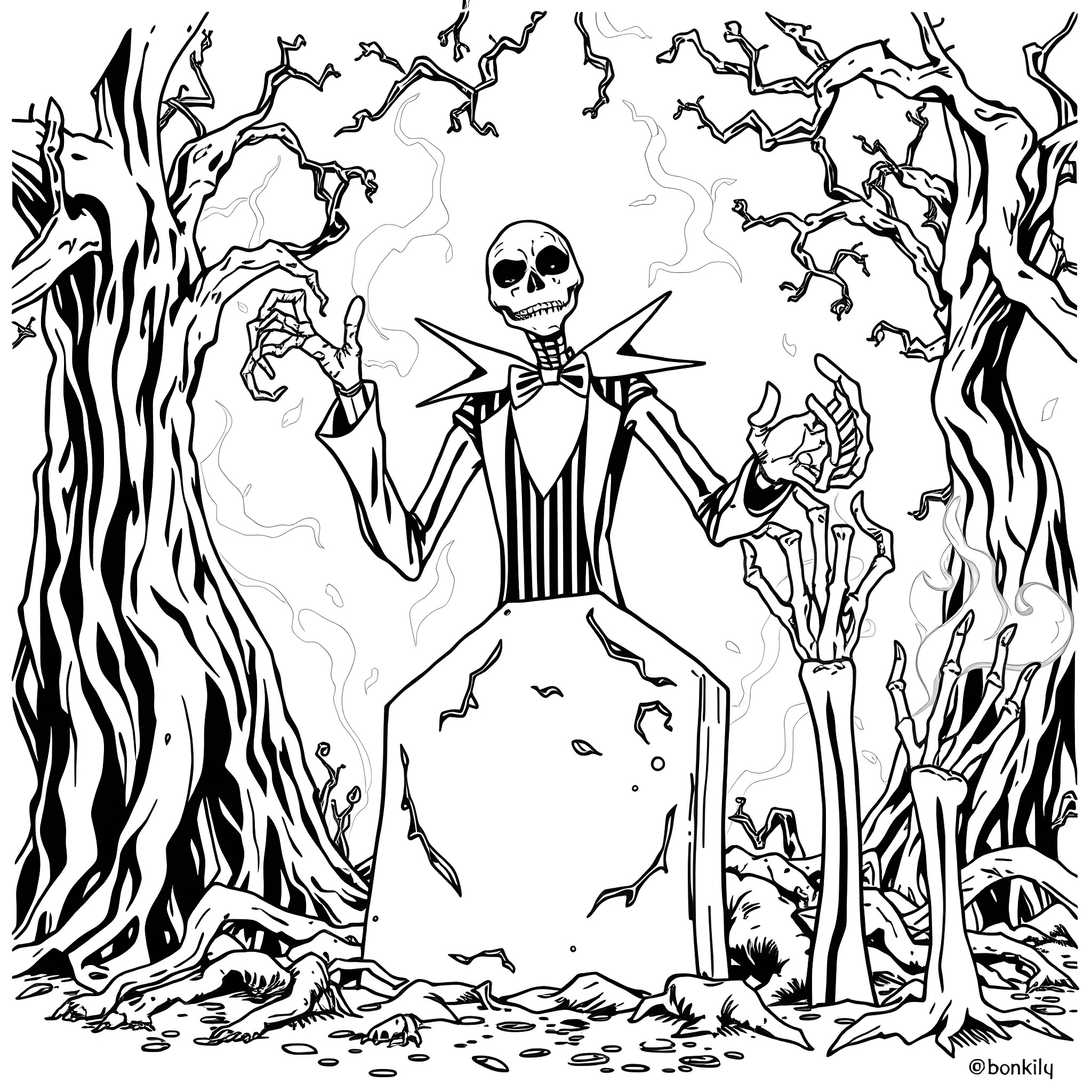 Beetlejuice's Spooky and Whimsical Adventure Coloring Page (free black-and-white line drawing printable PDF for all, from beginners to advanced learners, including children, teens, adults, and seniors)
