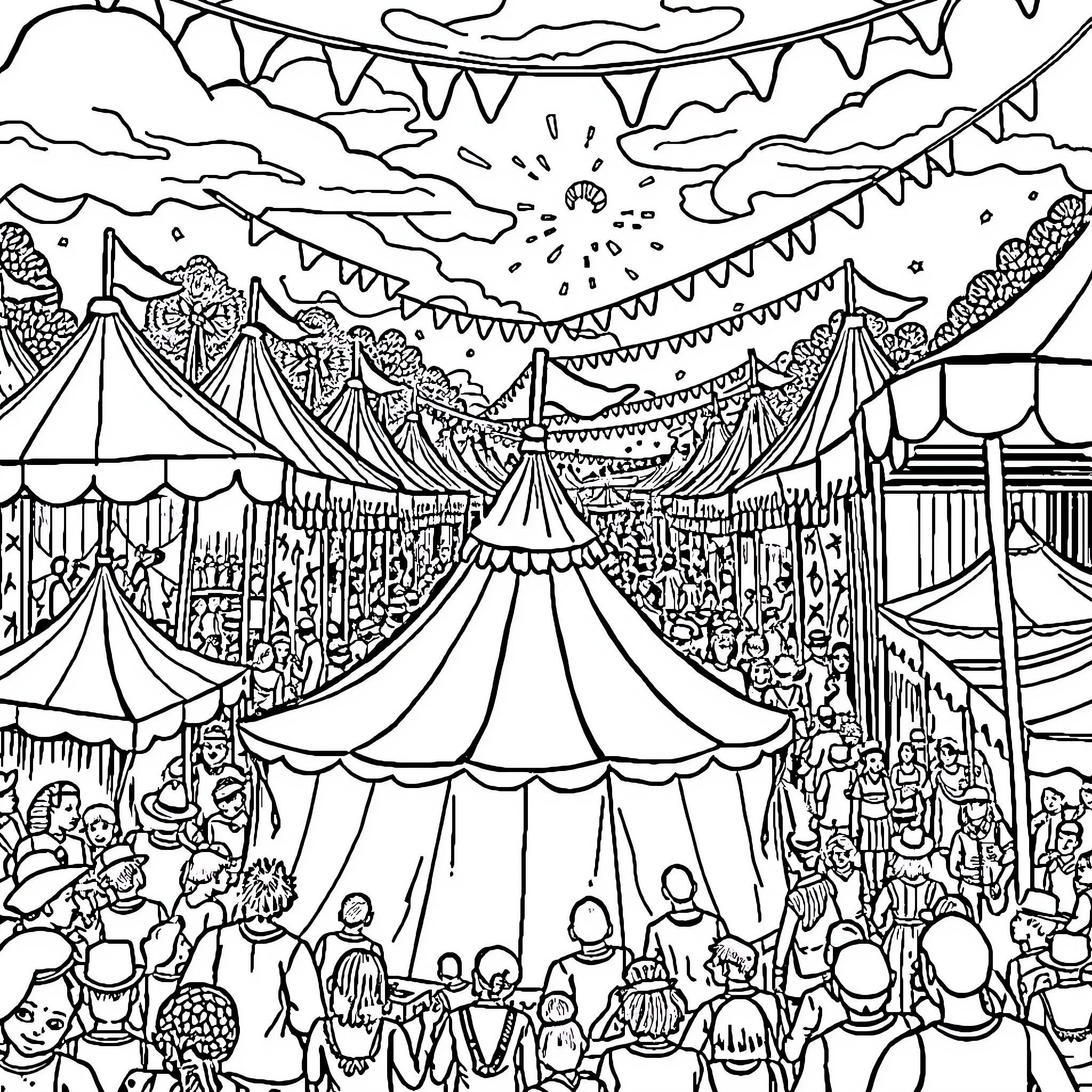 Chicha Festival Celebration with Crowds and Tents Coloring Page (free black-and-white line drawing printable PDF for all, from beginners to advanced learners, including children, teens, adults, and seniors)