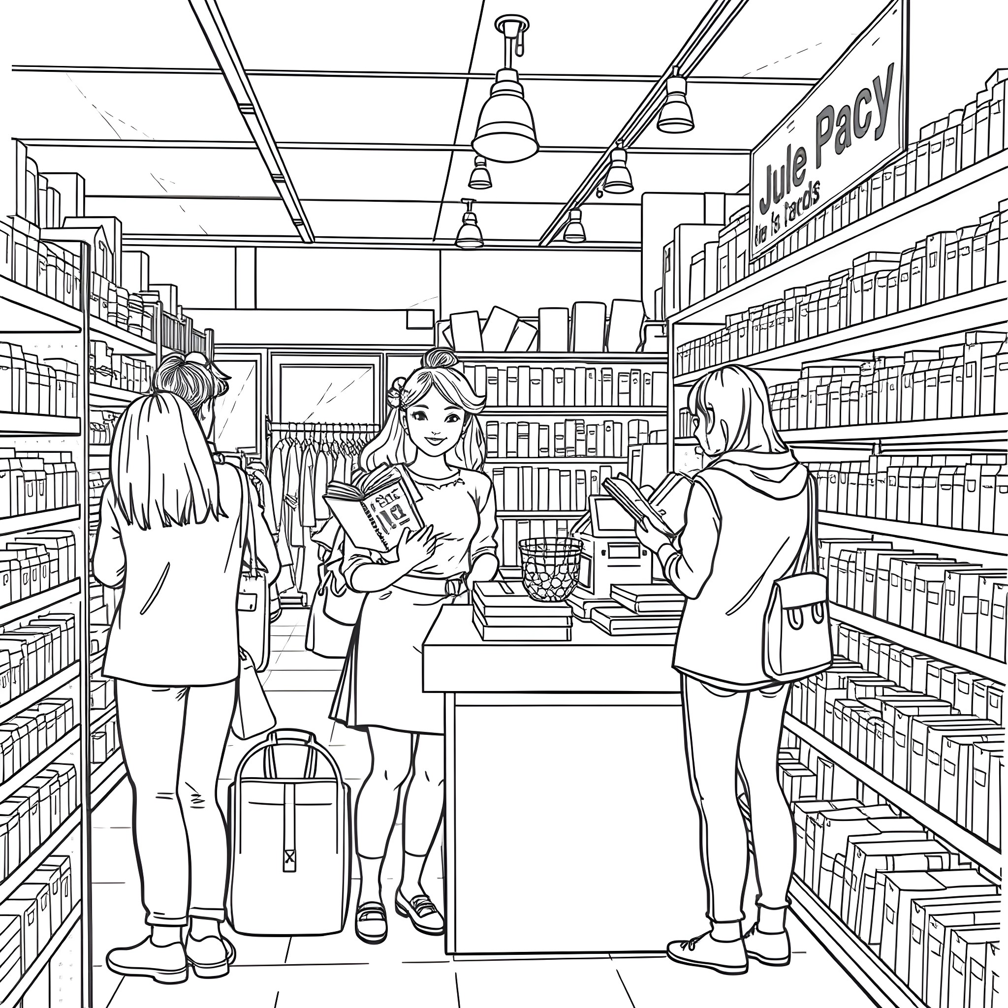 Cashier serving customers in a retail store Coloring Page (free black-and-white line drawing printable PDF for all, from beginners to advanced learners, including children, teens, adults, and seniors)