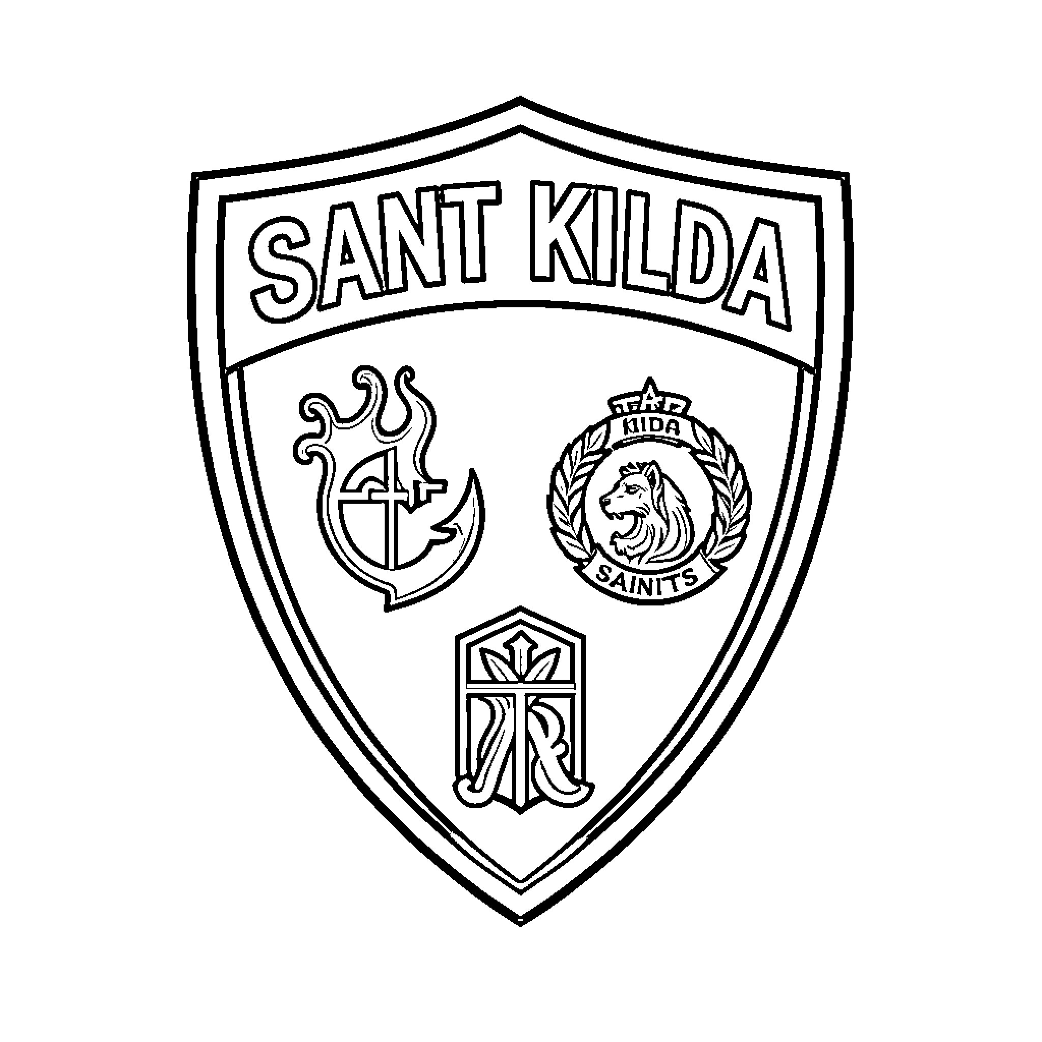 Saint Kilda Saints emblem on a shield Coloring Page (free black-and-white line drawing printable PDF for all, from beginners to advanced learners, including children, teens, adults, and seniors)