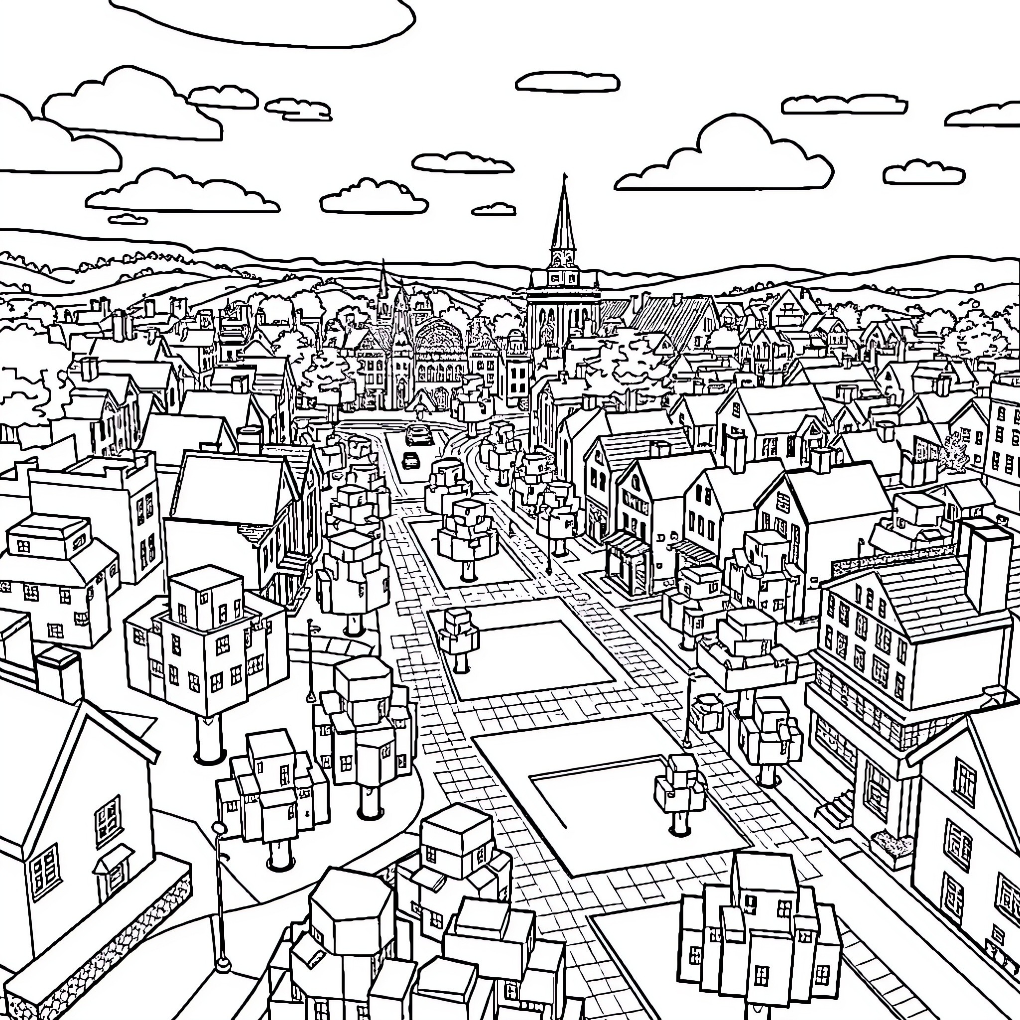 Minecraft Cityscape Drawn in Intricate Detail Coloring Page (free black-and-white line drawing printable PDF for all, from beginners to advanced learners, including children, teens, adults, and seniors)