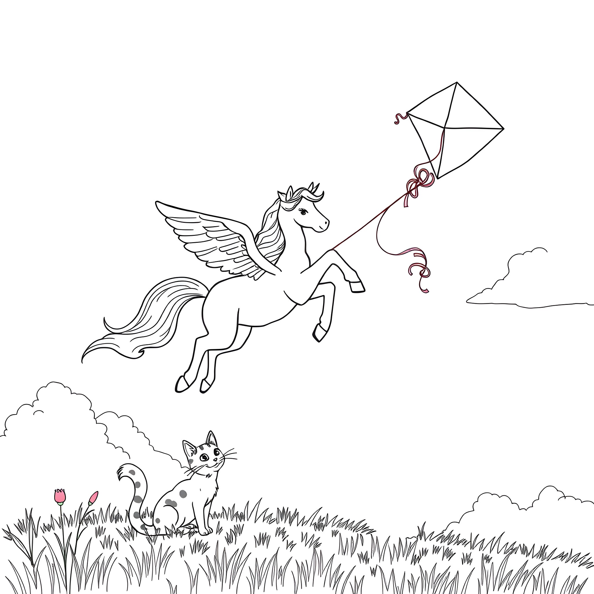 Unicorn flying with kite in the sky, cat watching below Coloring Page (free black-and-white line drawing printable PDF for all, from beginners to advanced learners, including children, teens, adults, and seniors)