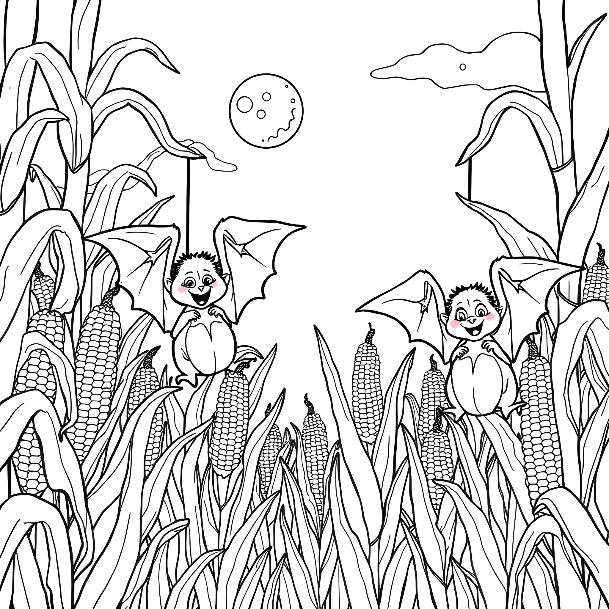 Bat friends frolicking in the cornfield Coloring Page (free black-and-white line drawing printable PDF for all, from beginners to advanced learners, including children, teens, adults, and seniors)