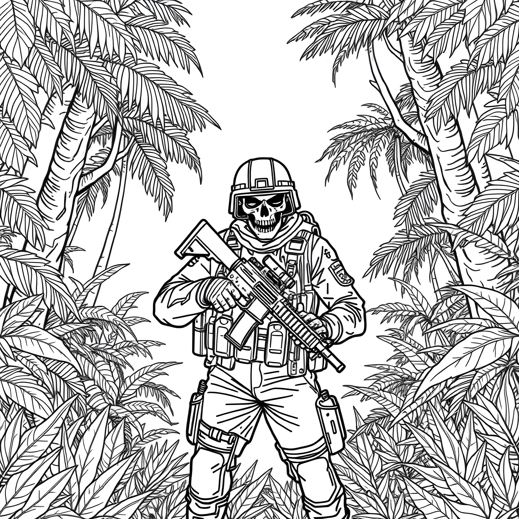 Soldier in tactical gear amidst lush jungle foliage Coloring Page (free black-and-white line drawing printable PDF for all, from beginners to advanced learners, including children, teens, adults, and seniors)