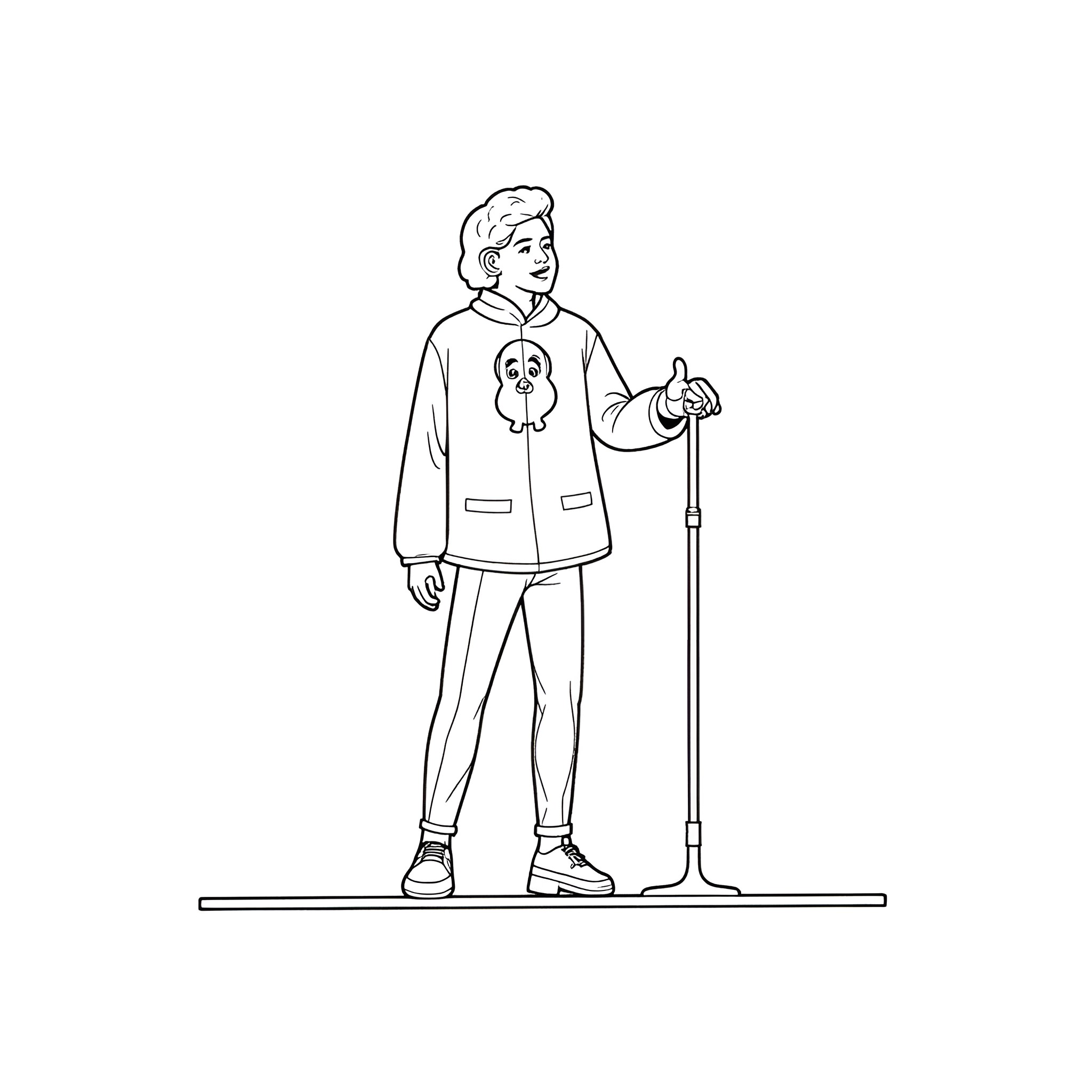 Vessel Performer with Microphone on Stage Coloring Page (free black-and-white line drawing printable PDF for all, from beginners to advanced learners, including children, teens, adults, and seniors)