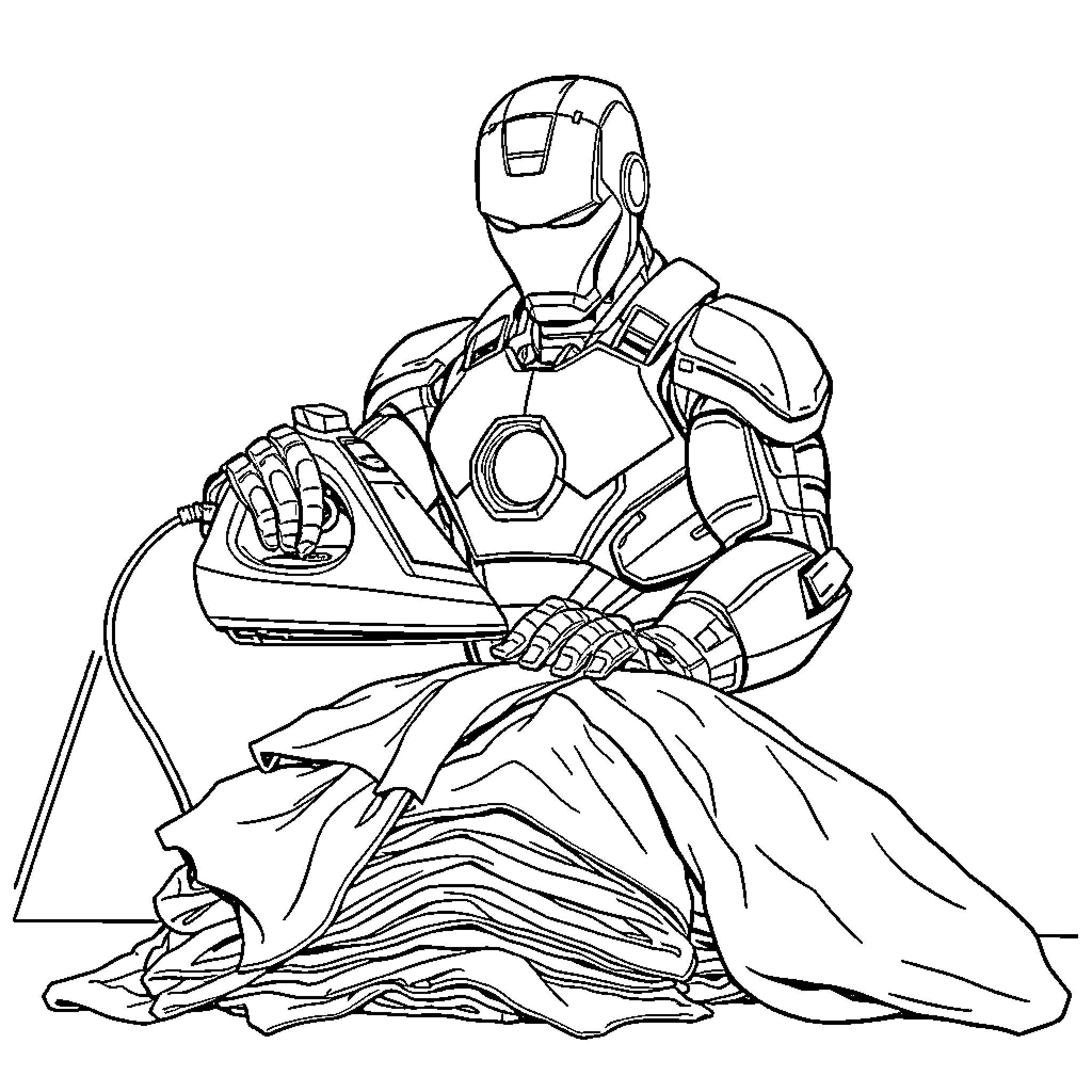 Ironman Sitting in Thoughtful Contemplation Coloring Page (free black-and-white line drawing printable PDF for all, from beginners to advanced learners, including children, teens, adults, and seniors)