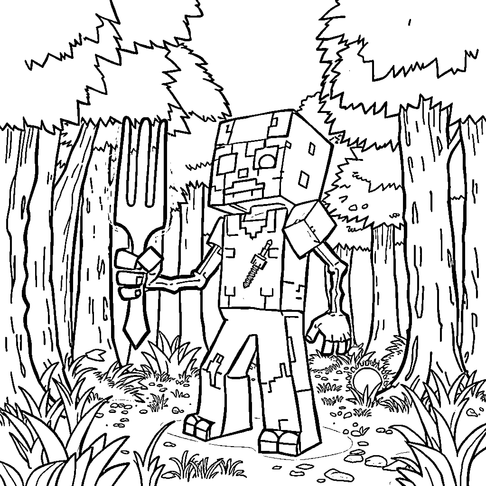 Zombie Mob Causing Chaos in the Forest Coloring Page (free black-and-white line drawing printable PDF for all, from beginners to advanced learners, including children, teens, adults, and seniors)