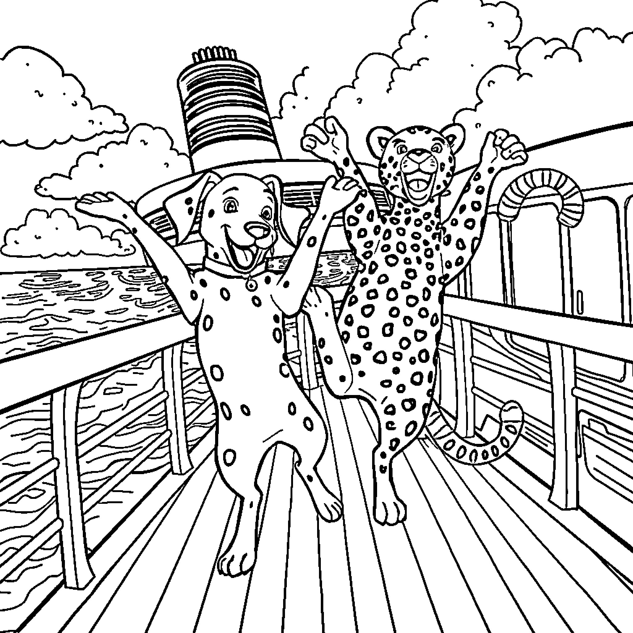 Dalmatian and Cheetah Enjoying Carnival Ride Coloring Page (free black-and-white line drawing printable PDF for all, from beginners to advanced learners, including children, teens, adults, and seniors)