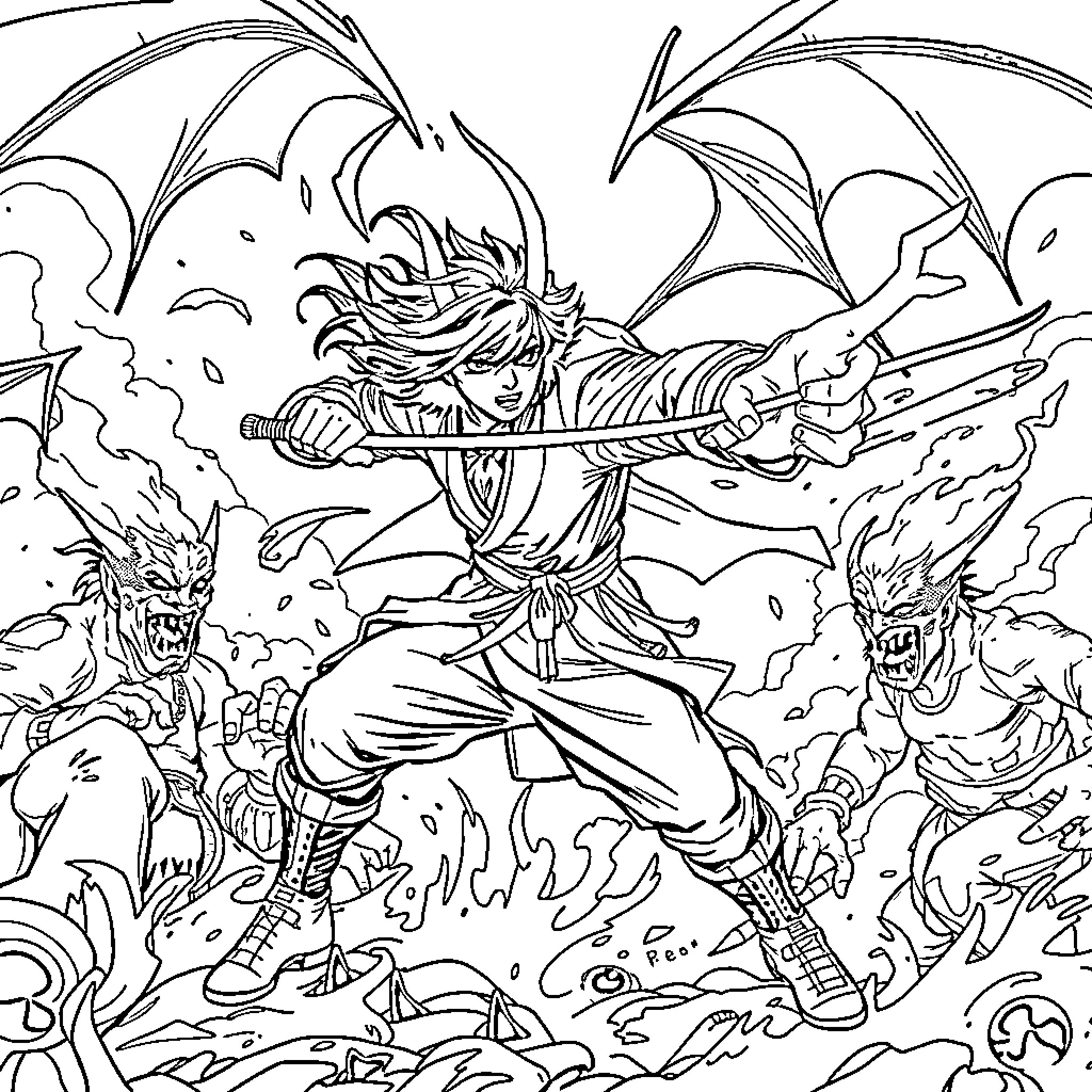 Rumi's Heroic Battle Against Mythical Creatures Coloring Page (free black-and-white line drawing printable PDF for all, from beginners to advanced learners, including children, teens, adults, and seniors)