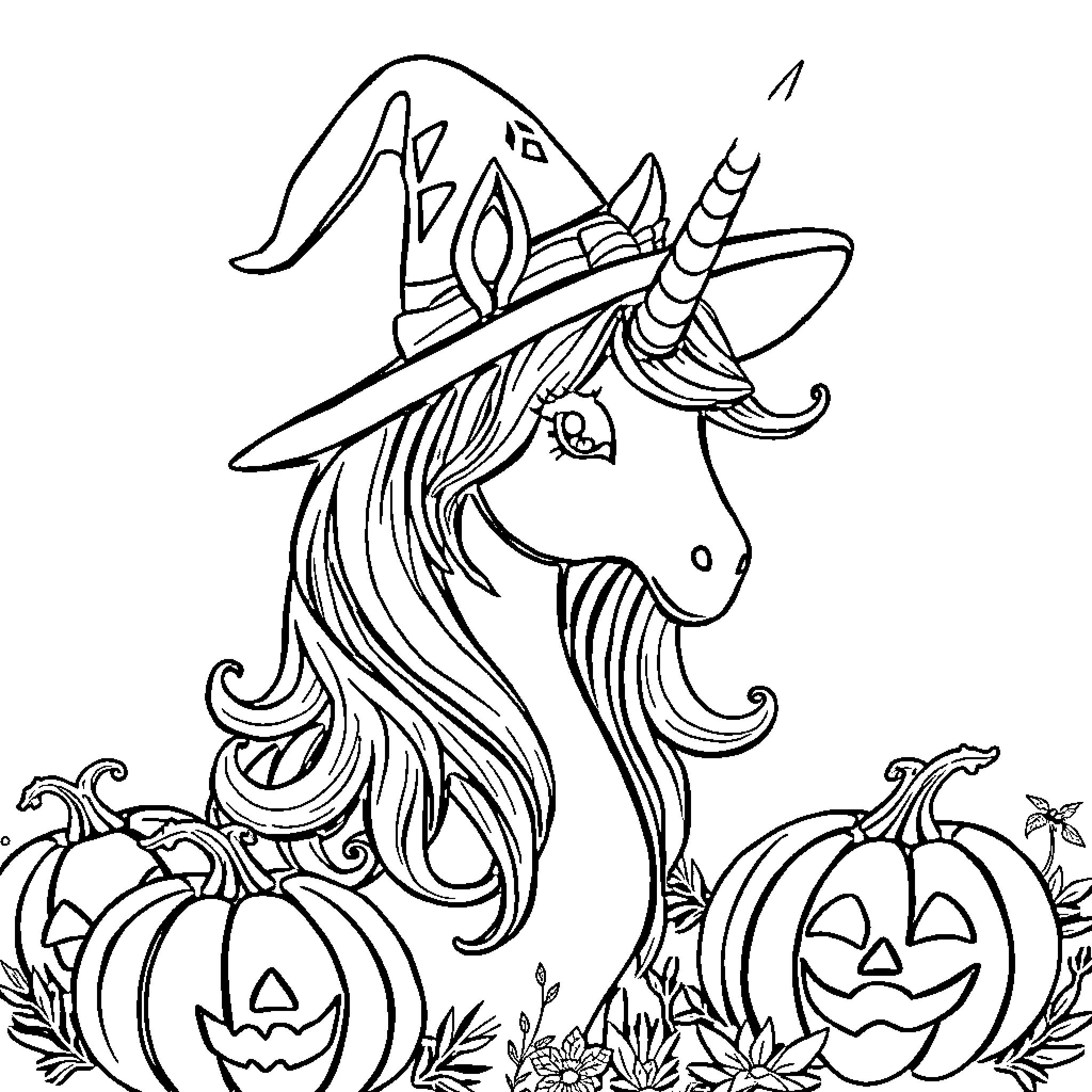 Unicorn in Witch's Costume with Halloween Pumpkins Coloring Page (free black-and-white line drawing printable PDF for all, from beginners to advanced learners, including children, teens, adults, and seniors)