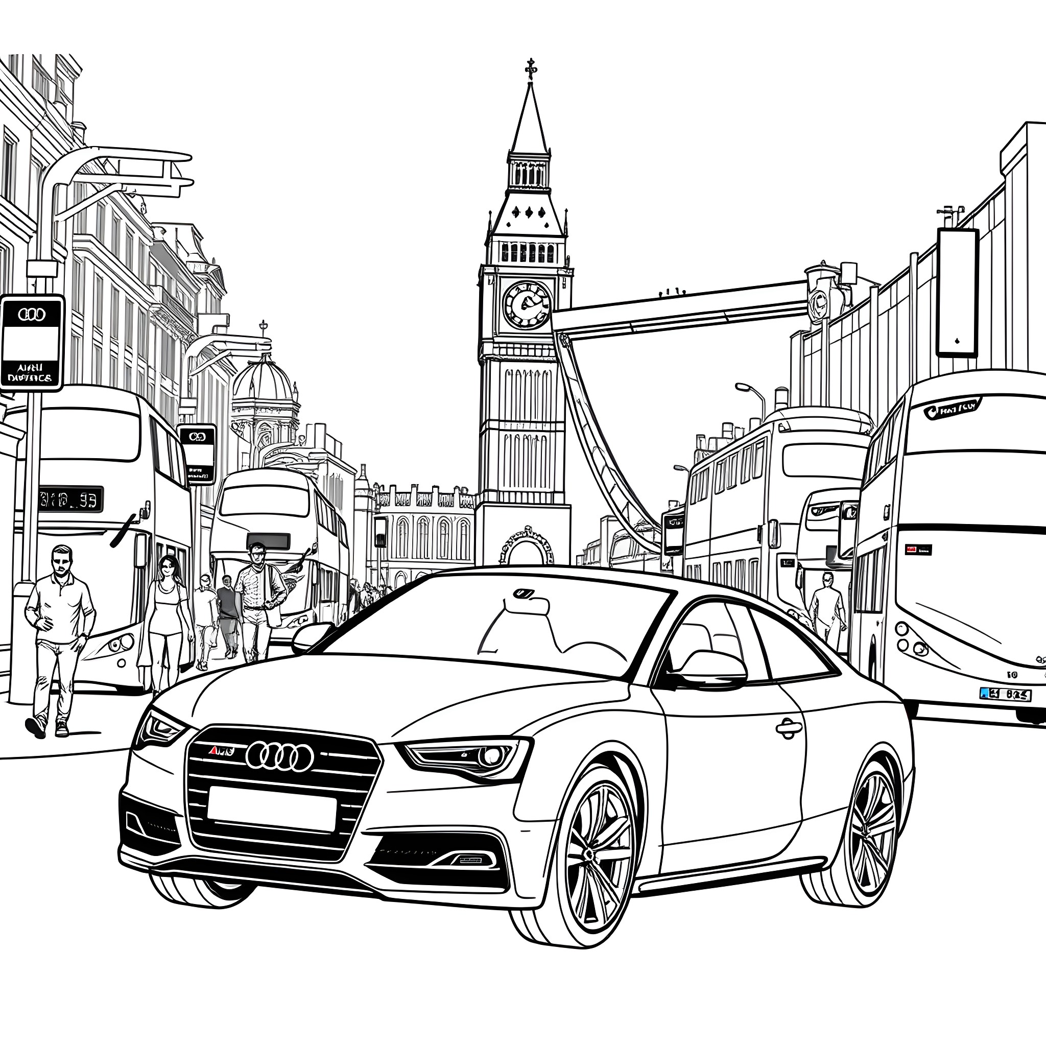 Audi car in bustling city scene with Big Ben Coloring Page (free black-and-white line drawing printable PDF for all, from beginners to advanced learners, including children, teens, adults, and seniors)