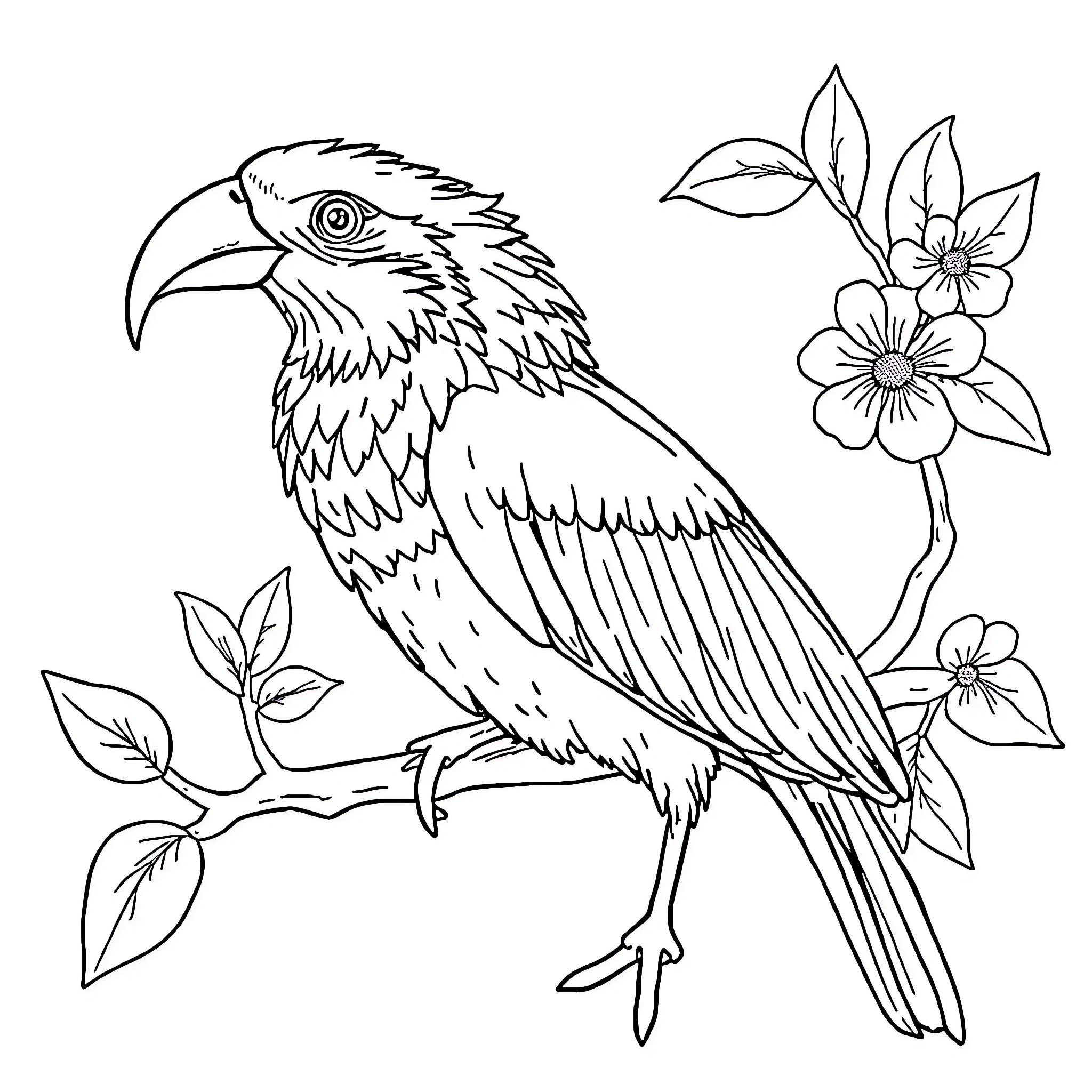 Animal with floral branch sitting on tree Coloring Page (free black-and-white line drawing printable PDF for all, from beginners to advanced learners, including children, teens, adults, and seniors)