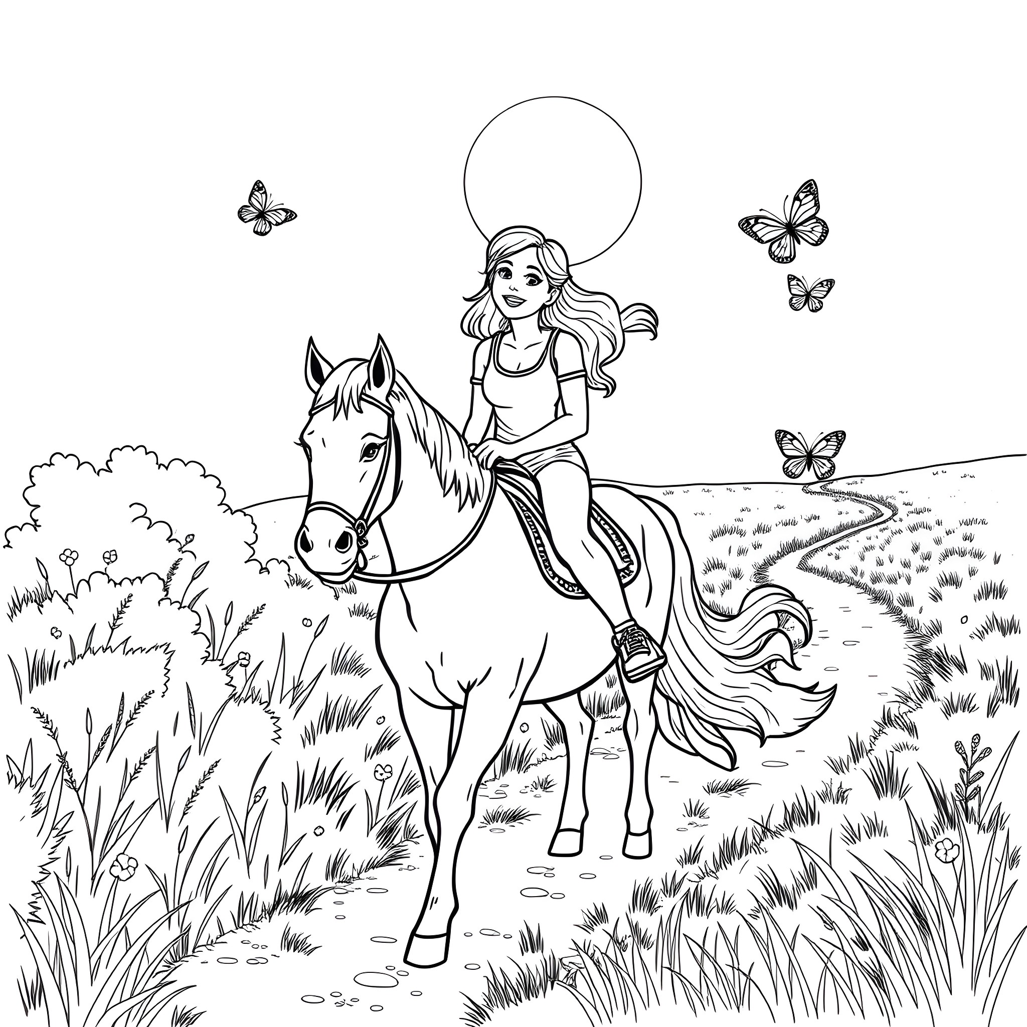 Woman riding horse through scenic countryside Coloring Page (free black-and-white line drawing printable PDF for all, from beginners to advanced learners, including children, teens, adults, and seniors)