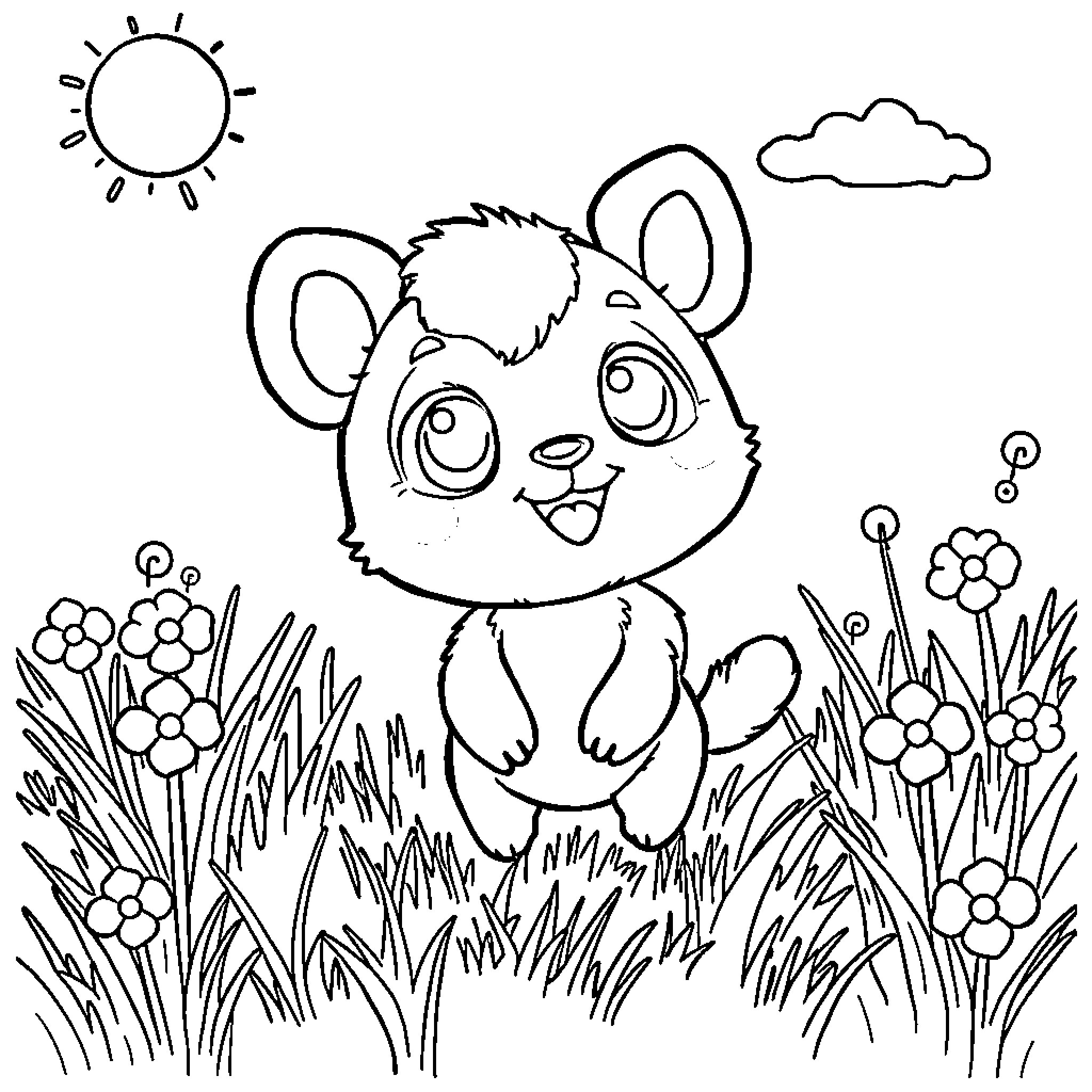 Labubu playing happily in a flower meadow Coloring Page (free black-and-white line drawing printable PDF for all, from beginners to advanced learners, including children, teens, adults, and seniors)