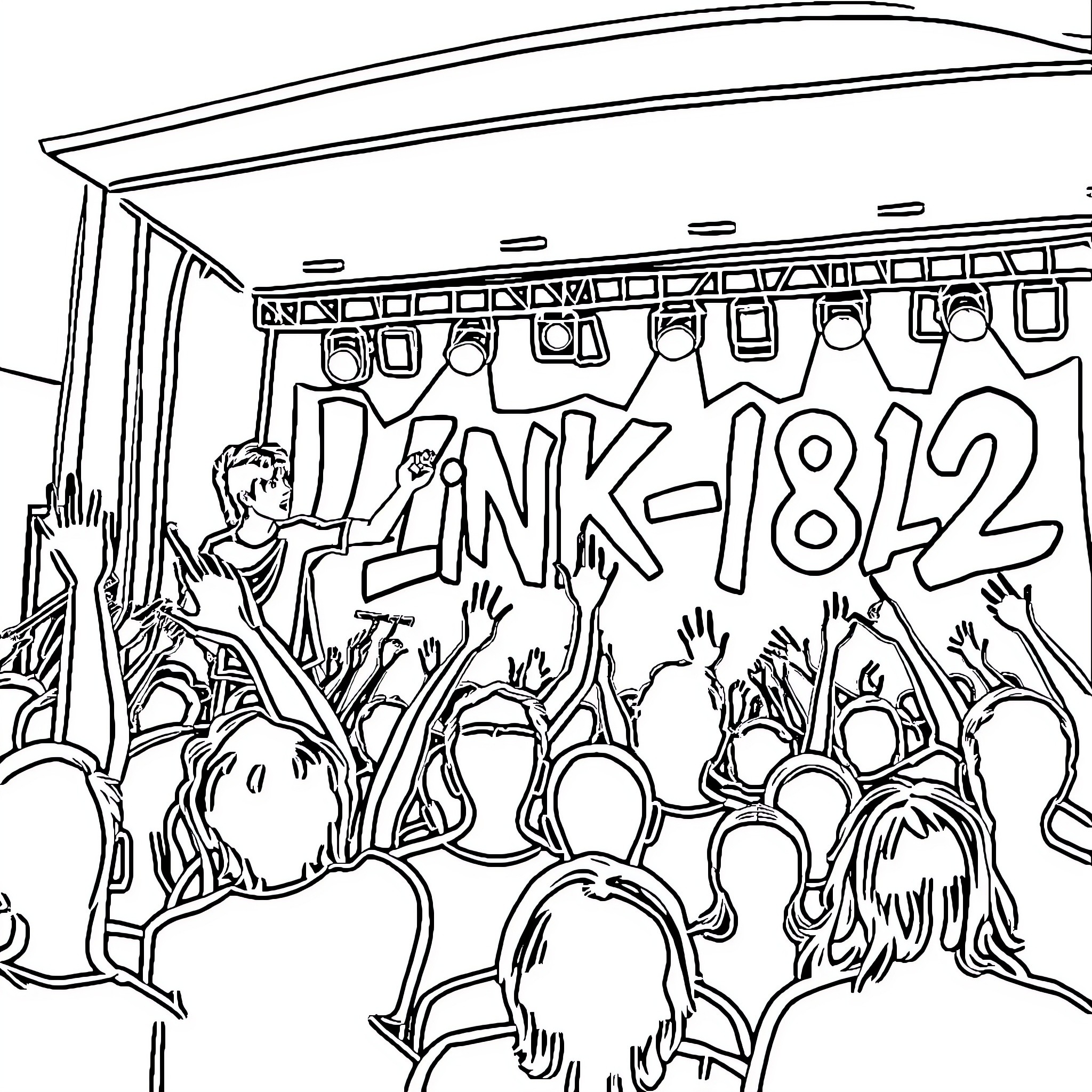 Blink 182 Band Performing on Stage with Crowd Coloring Page (free black-and-white line drawing printable PDF for all, from beginners to advanced learners, including children, teens, adults, and seniors)
