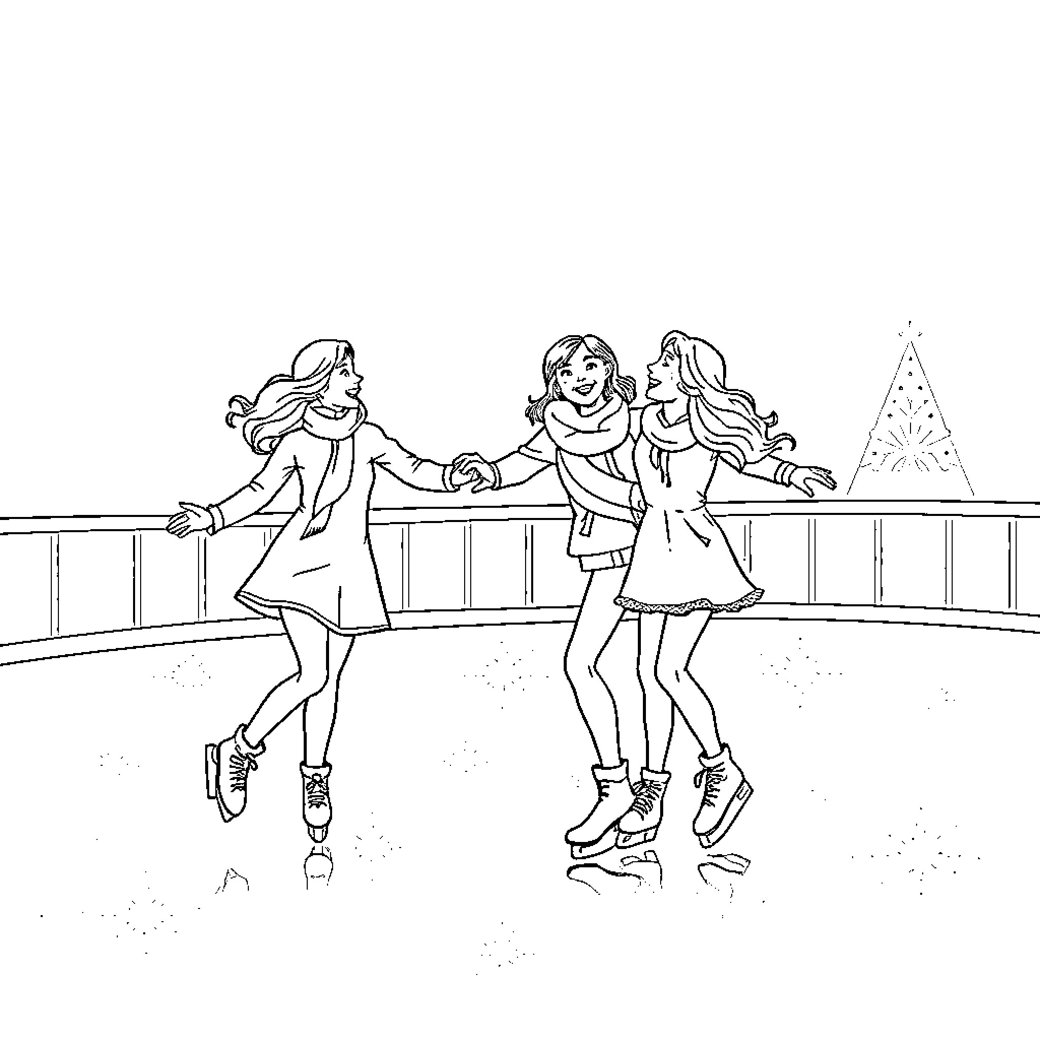 Figure Skating Duo Gracefully Gliding on Ice Rink Coloring Page (free black-and-white line drawing printable PDF for all, from beginners to advanced learners, including children, teens, adults, and seniors)