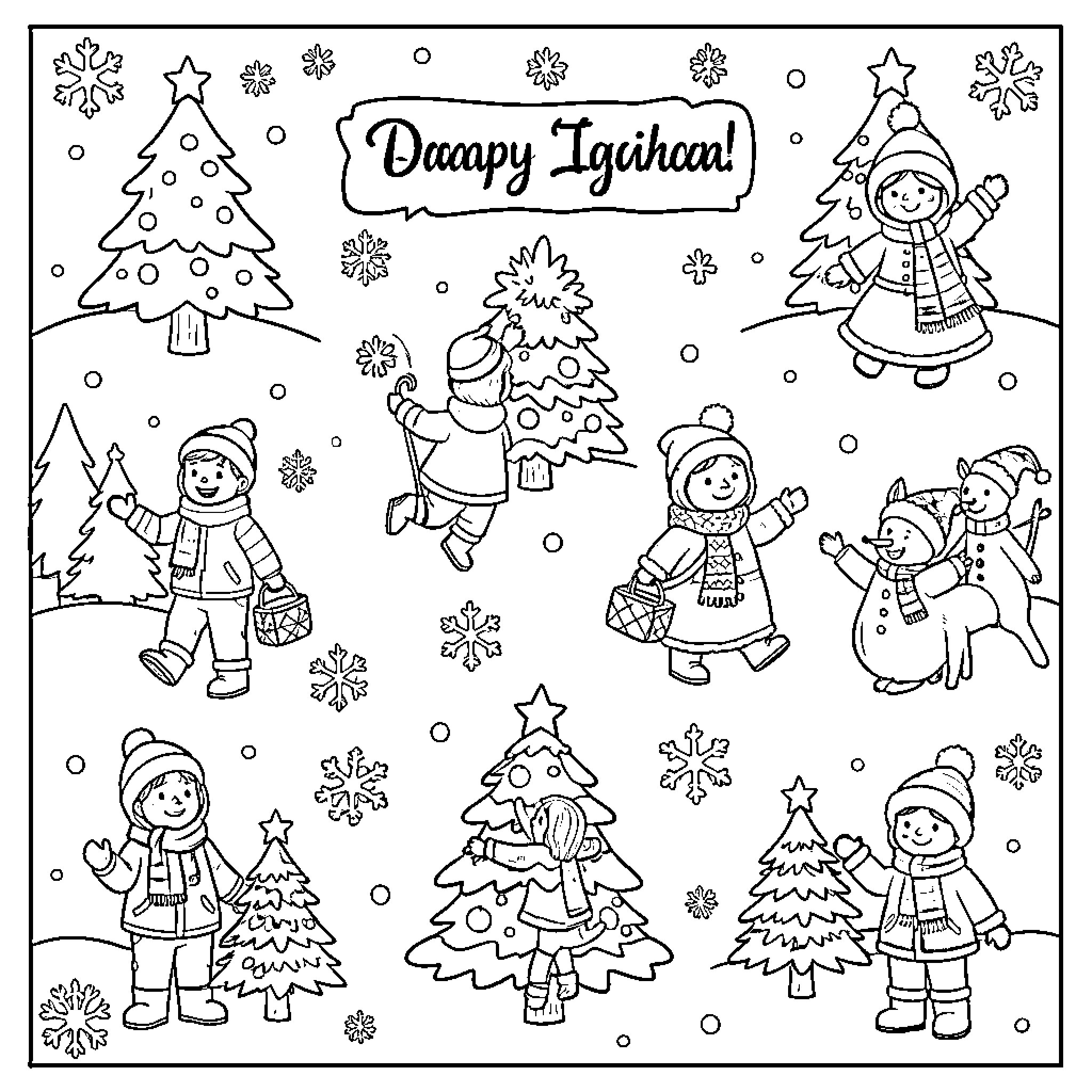 Winter children playing in snowy wonderland Coloring Page (free black-and-white line drawing printable PDF for all, from beginners to advanced learners, including children, teens, adults, and seniors)