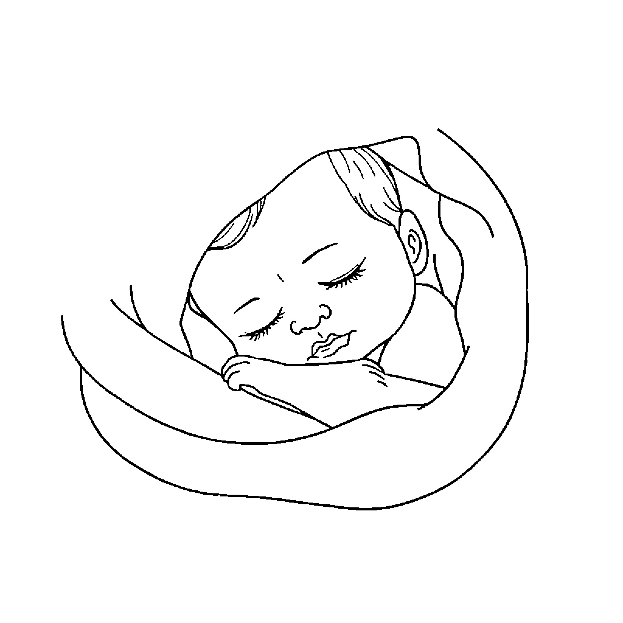 Baby Saja sleeping peacefully in a crescent moon Coloring Page (free black-and-white line drawing printable PDF for all, from beginners to advanced learners, including children, teens, adults, and seniors)
