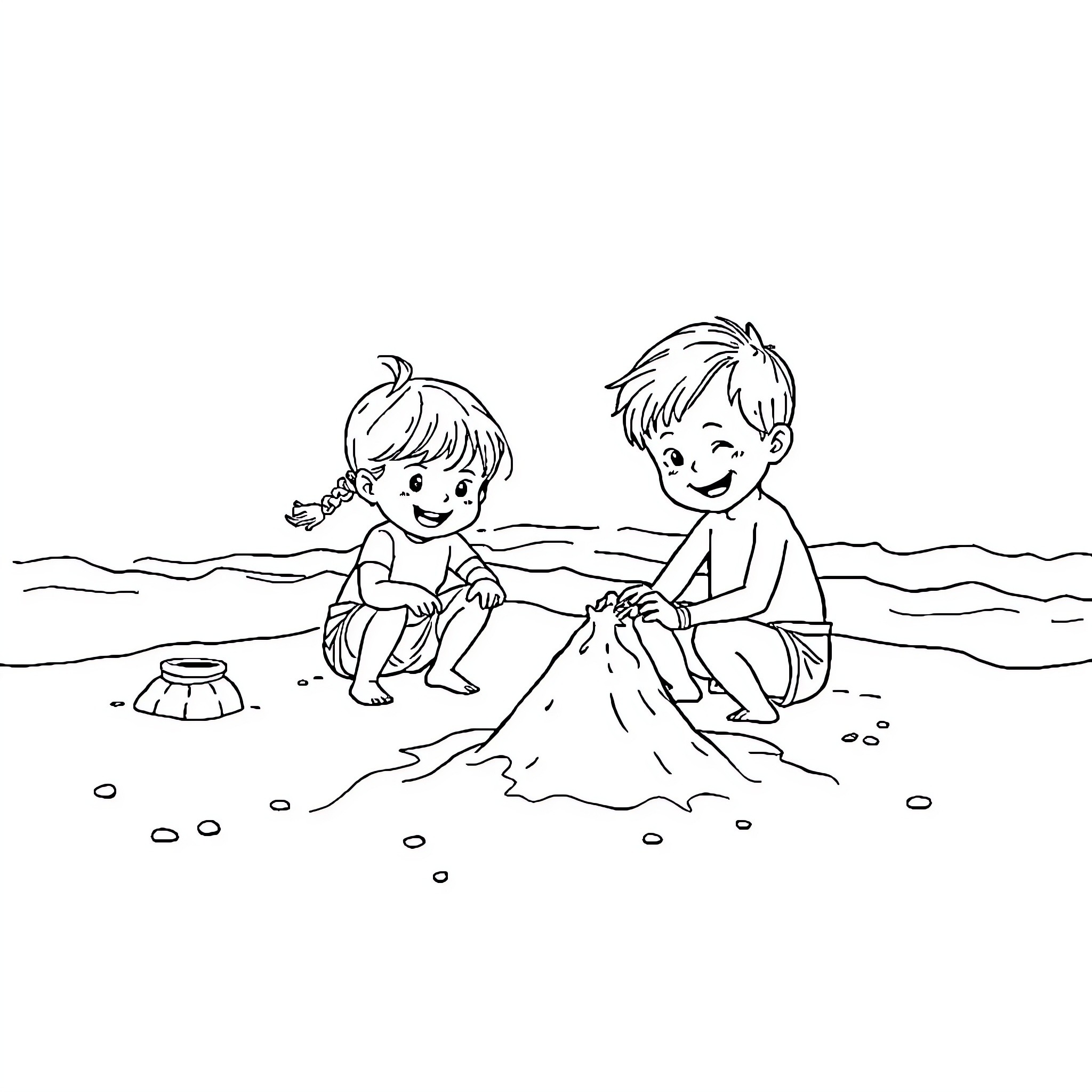 Child playing happily in the sand on the beach Coloring Page (free black-and-white line drawing printable PDF for all, from beginners to advanced learners, including children, teens, adults, and seniors)