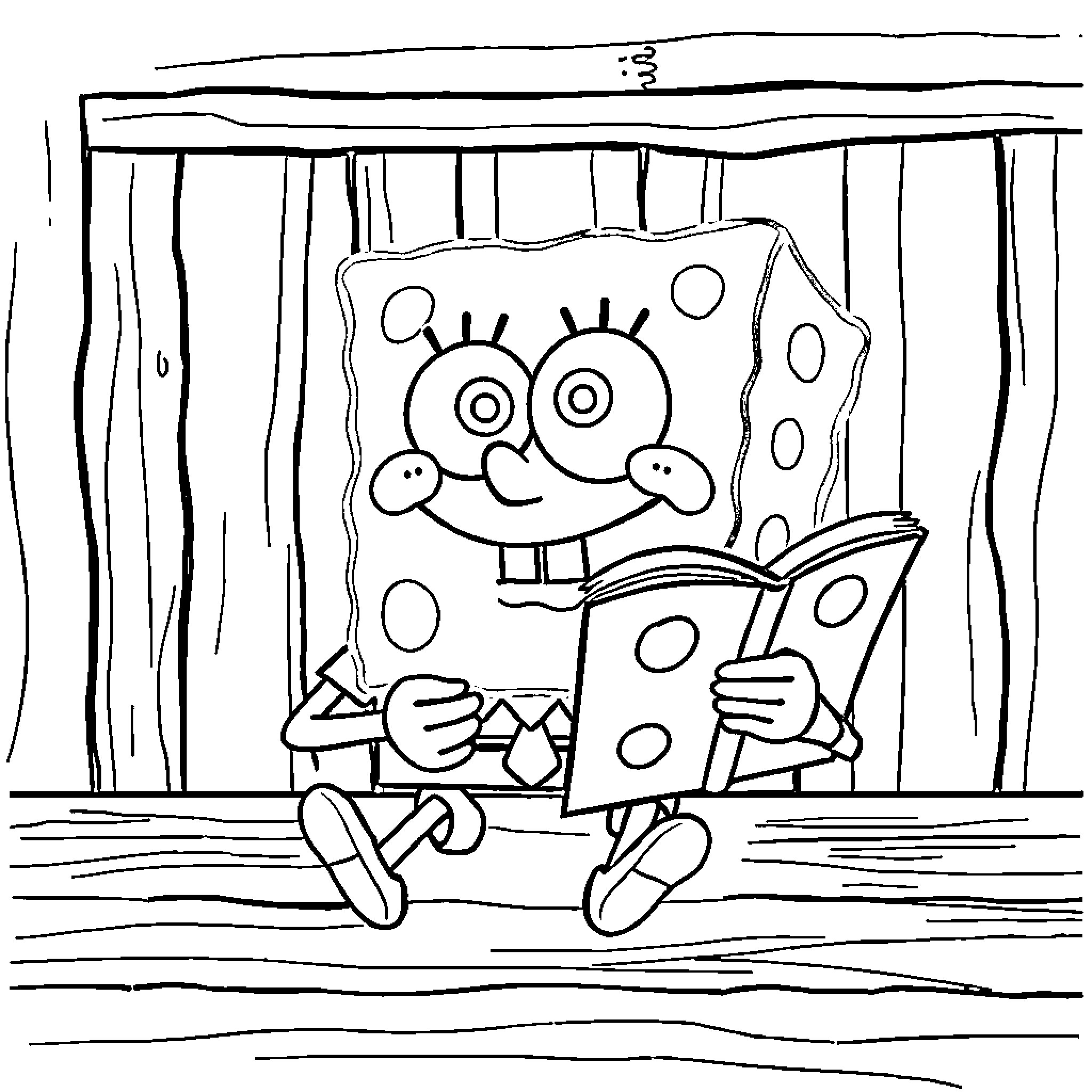 Spongebob reading a book happily Coloring Page (free black-and-white line drawing printable PDF for all, from beginners to advanced learners, including children, teens, adults, and seniors)