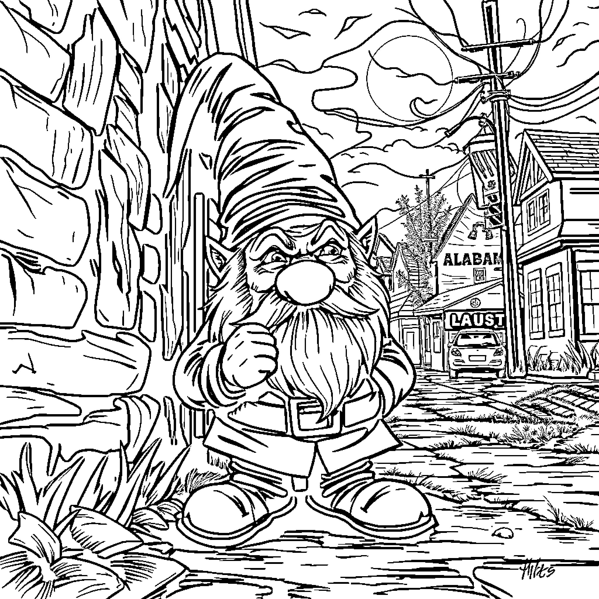 Gnome explorer in the city street Coloring Page (free black-and-white line drawing printable PDF for all, from beginners to advanced learners, including children, teens, adults, and seniors)