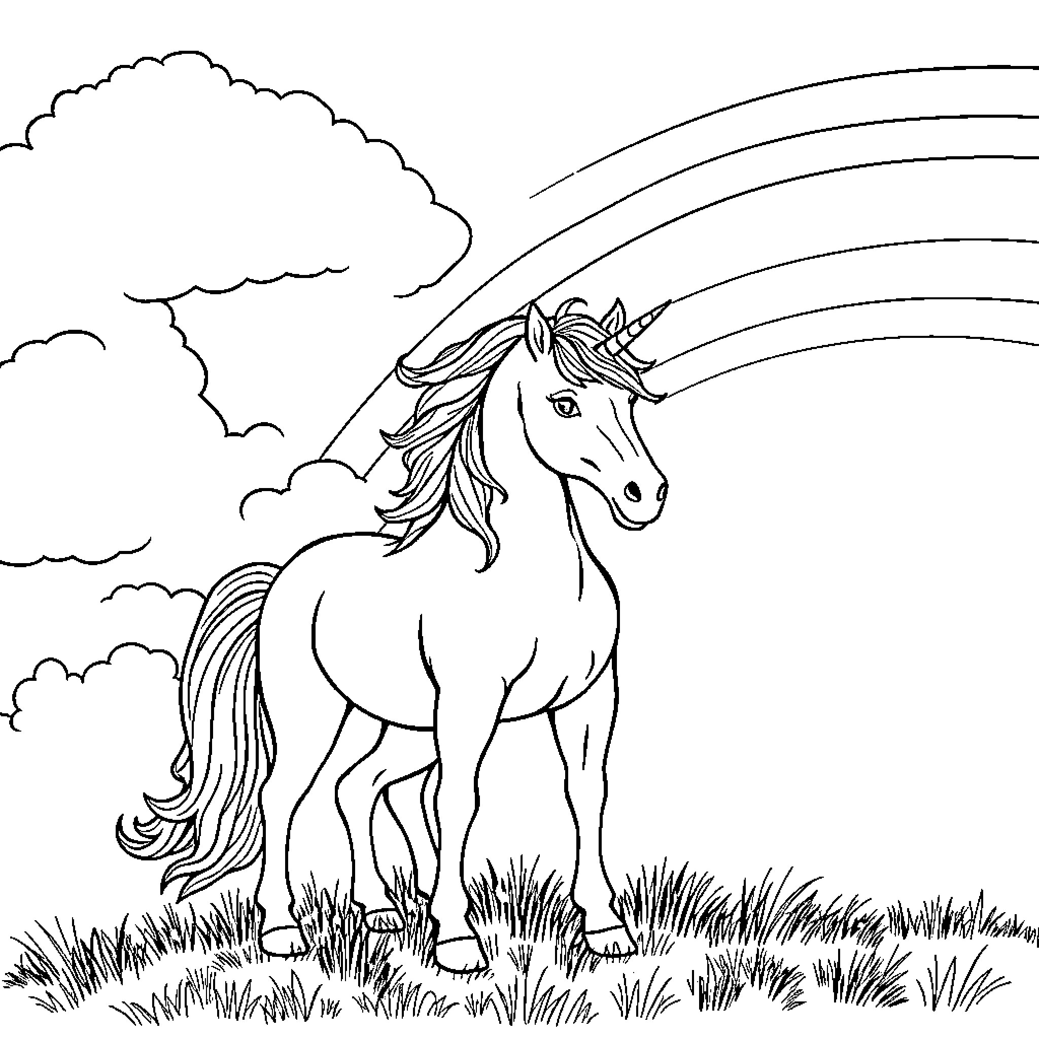 Unicorn standing in a field with rainbow Coloring Page (free black-and-white line drawing printable PDF for all, from beginners to advanced learners, including children, teens, adults, and seniors)