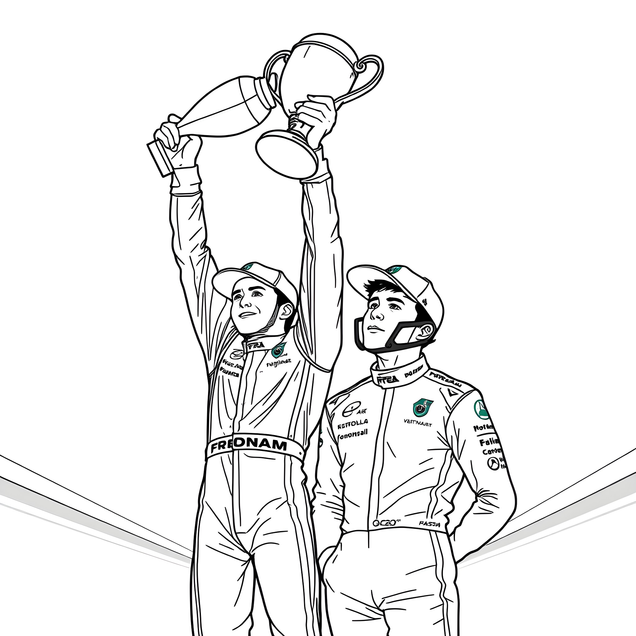 Oscar Piastri celebrating victory with trophy Coloring Page (free black-and-white line drawing printable PDF for all, from beginners to advanced learners, including children, teens, adults, and seniors)
