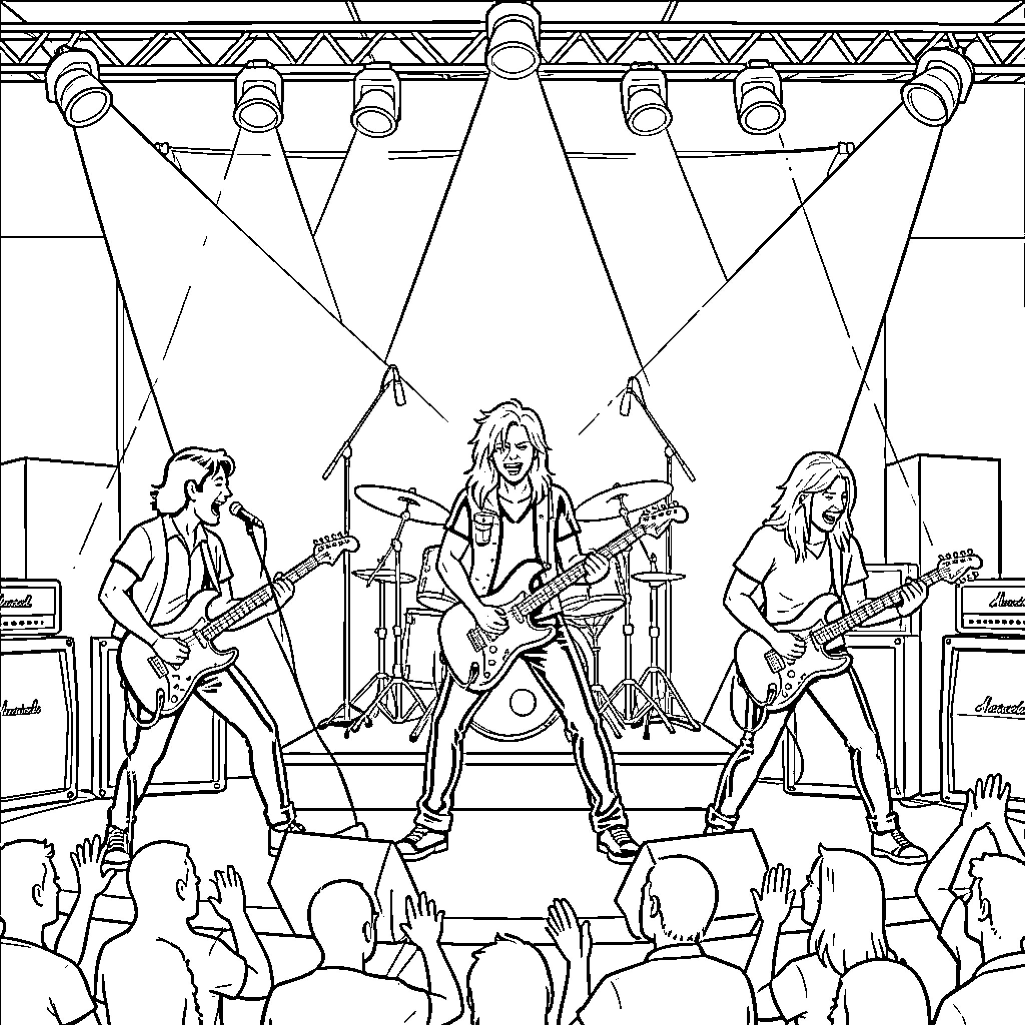 Rock Band performing energetically on a stage with lights Coloring Page (free black-and-white line drawing printable PDF for all, from beginners to advanced learners, including children, teens, adults, and seniors)