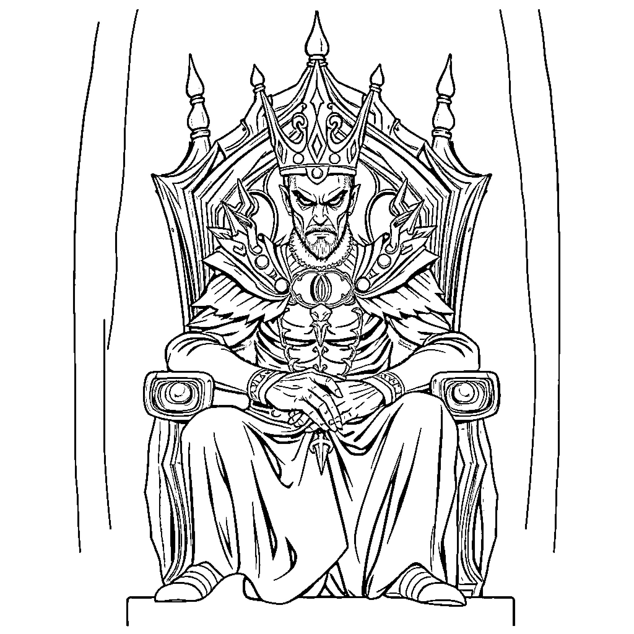 Prince sitting on an ornate throne Coloring Page (free black-and-white line drawing printable PDF for all, from beginners to advanced learners, including children, teens, adults, and seniors)