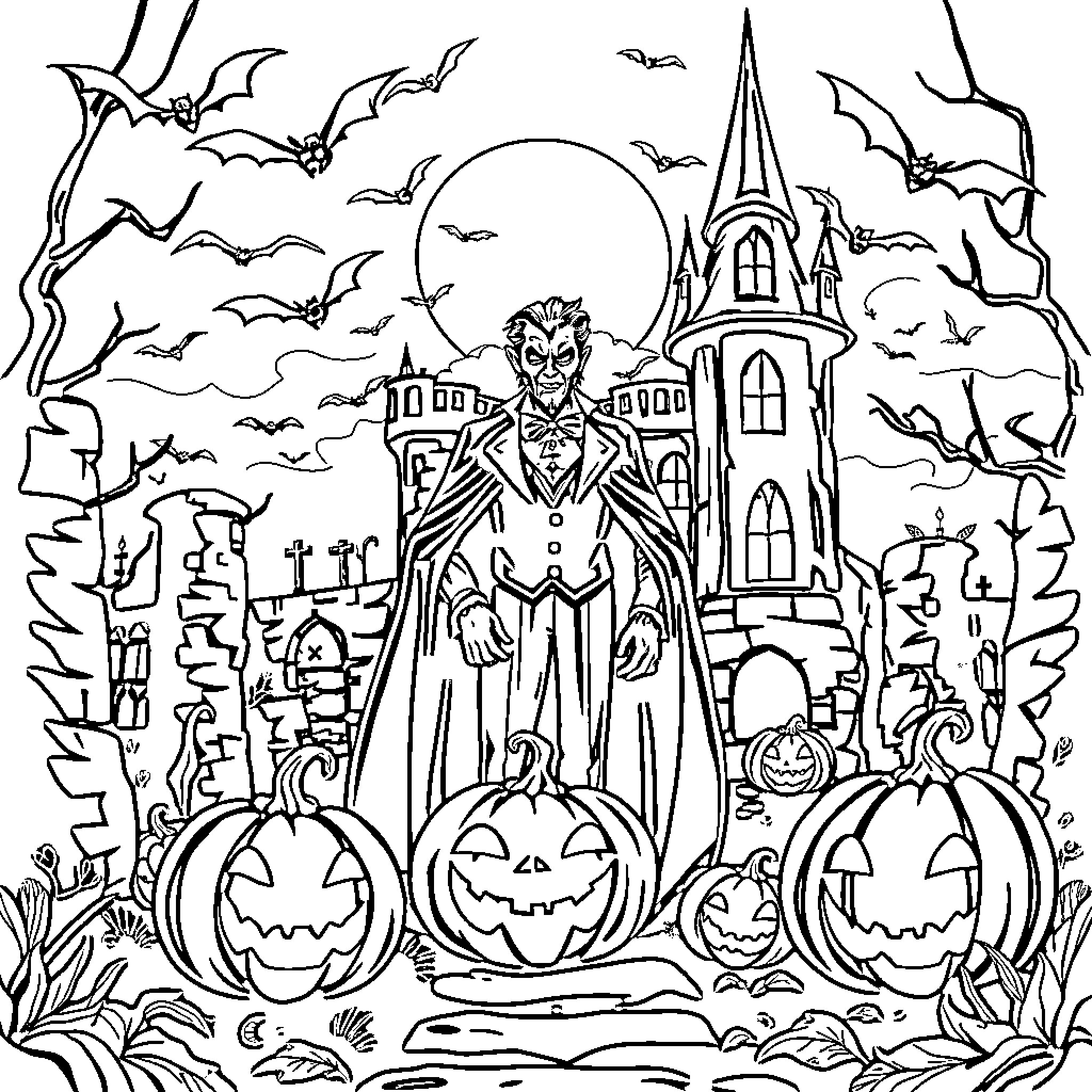 Dracula in a haunting Halloween scene Coloring Page (free black-and-white line drawing printable PDF for all, from beginners to advanced learners, including children, teens, adults, and seniors)