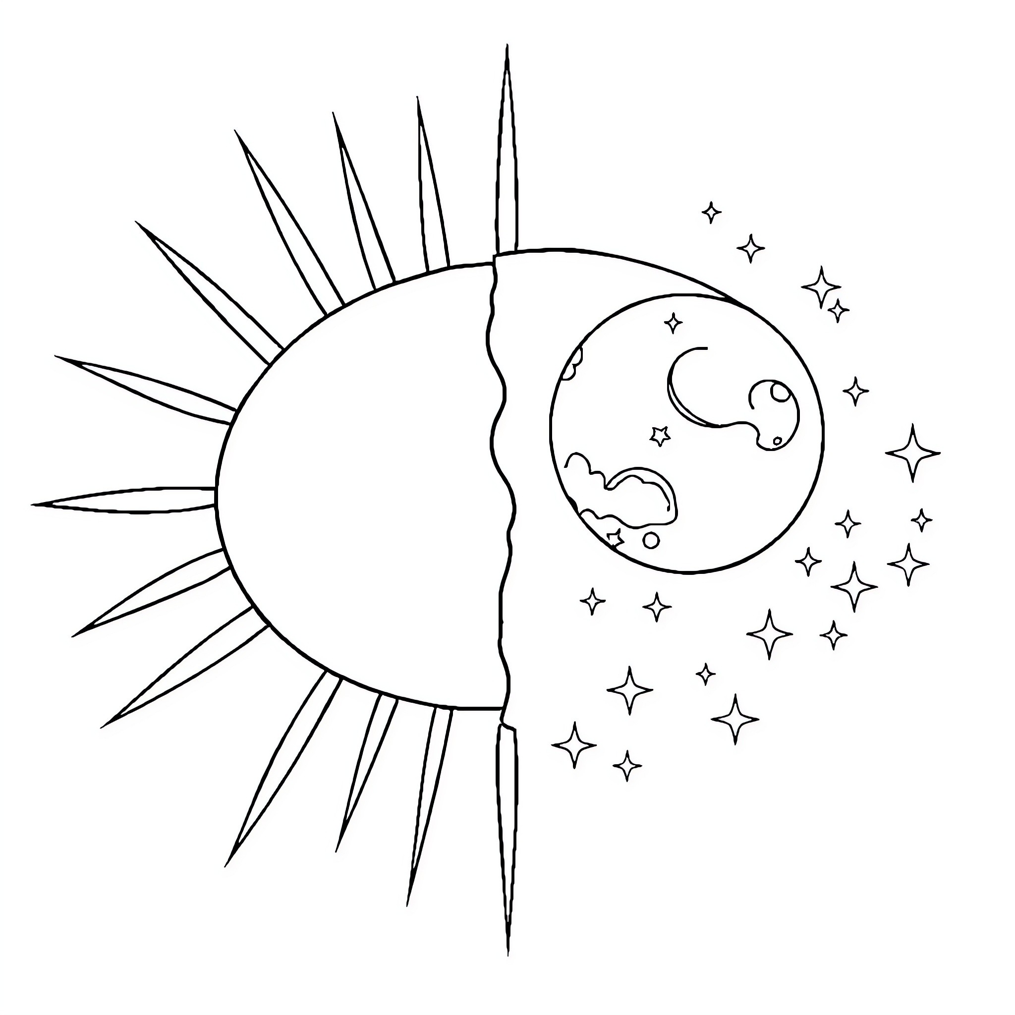 Sun and Moon intertwined with stars Coloring Page (free black-and-white line drawing printable PDF for all, from beginners to advanced learners, including children, teens, adults, and seniors)