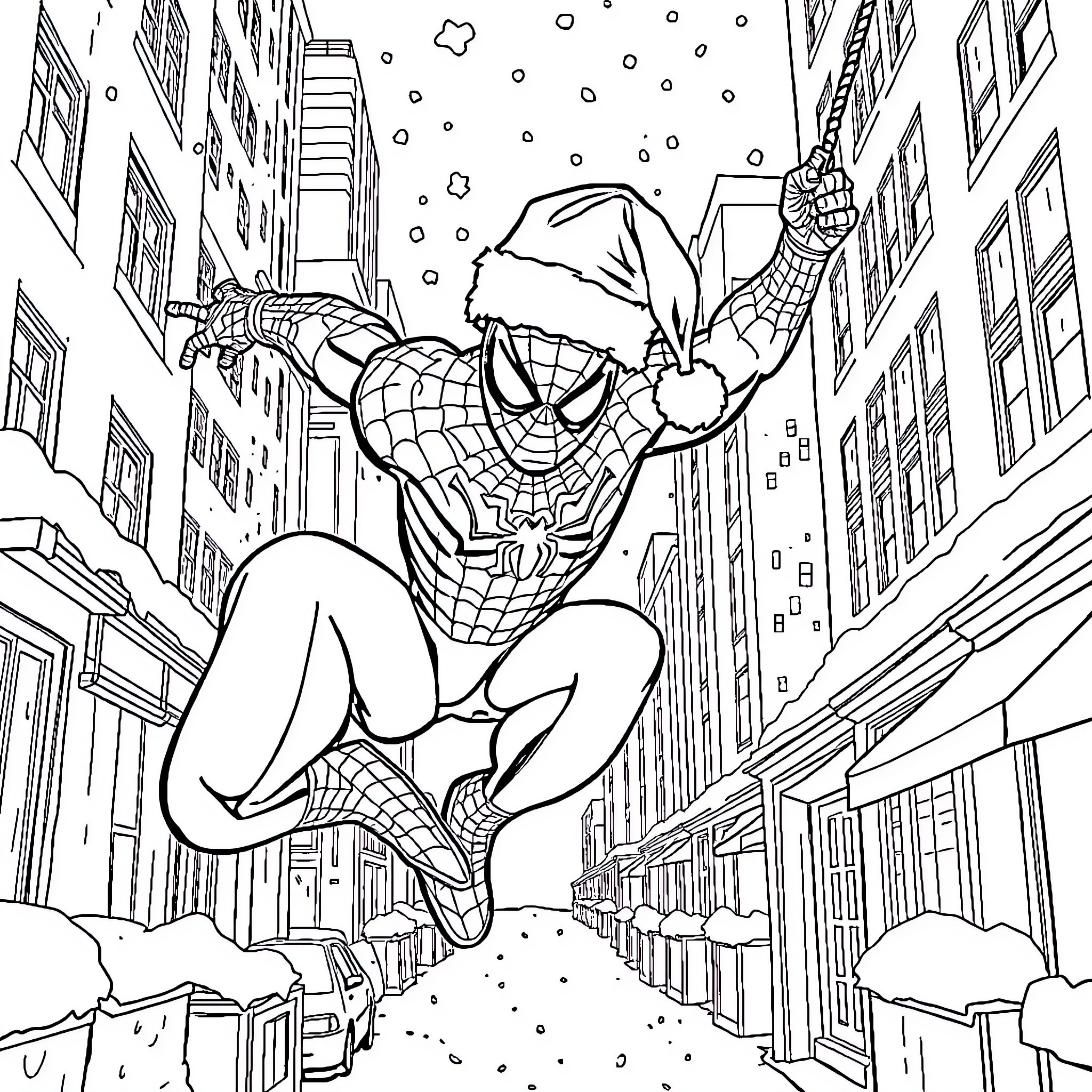 Spider-Man swinging through the city at night Coloring Page (free black-and-white line drawing printable PDF for all, from beginners to advanced learners, including children, teens, adults, and seniors)