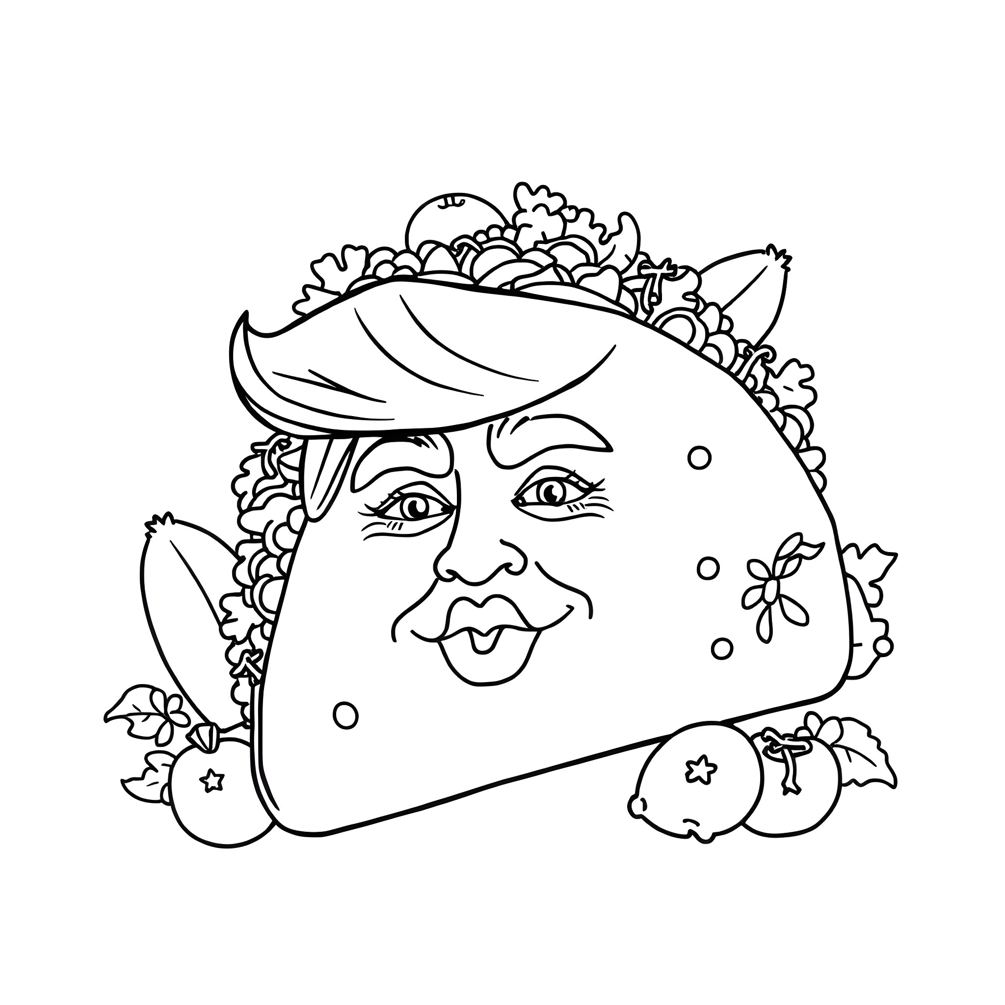 Donald Trump with whimsical floral crown Coloring Page (free black-and-white line drawing printable PDF for all, from beginners to advanced learners, including children, teens, adults, and seniors)