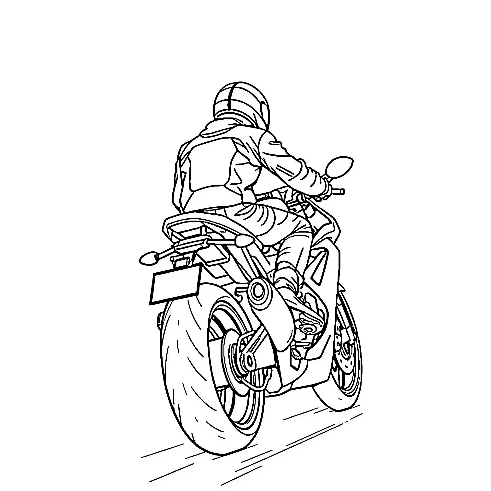 Moto Rider in Action on the Street Coloring Page (free black-and-white line drawing printable PDF for all, from beginners to advanced learners, including children, teens, adults, and seniors)