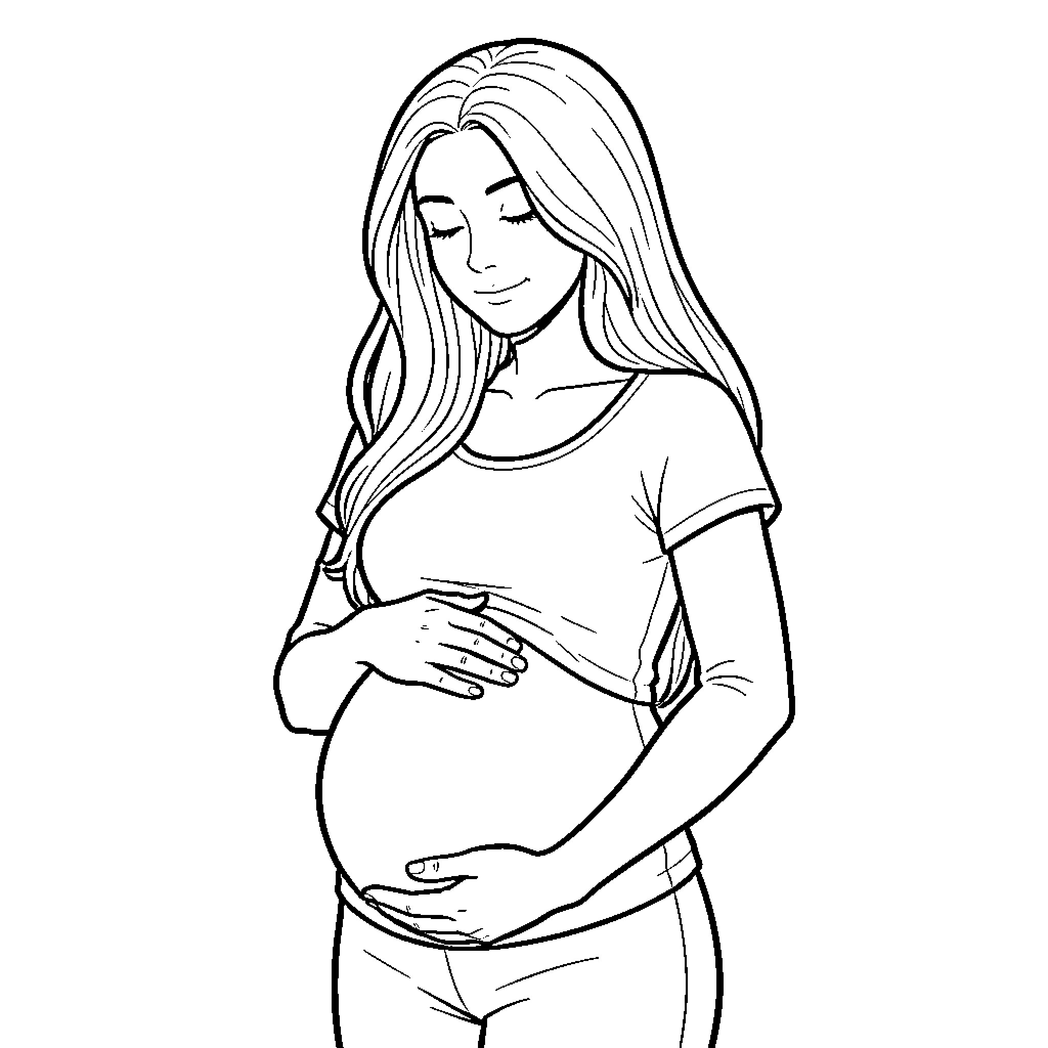 Pregnant Woman smiling while gently holding her belly Coloring Page (free black-and-white line drawing printable PDF for all, from beginners to advanced learners, including children, teens, adults, and seniors)