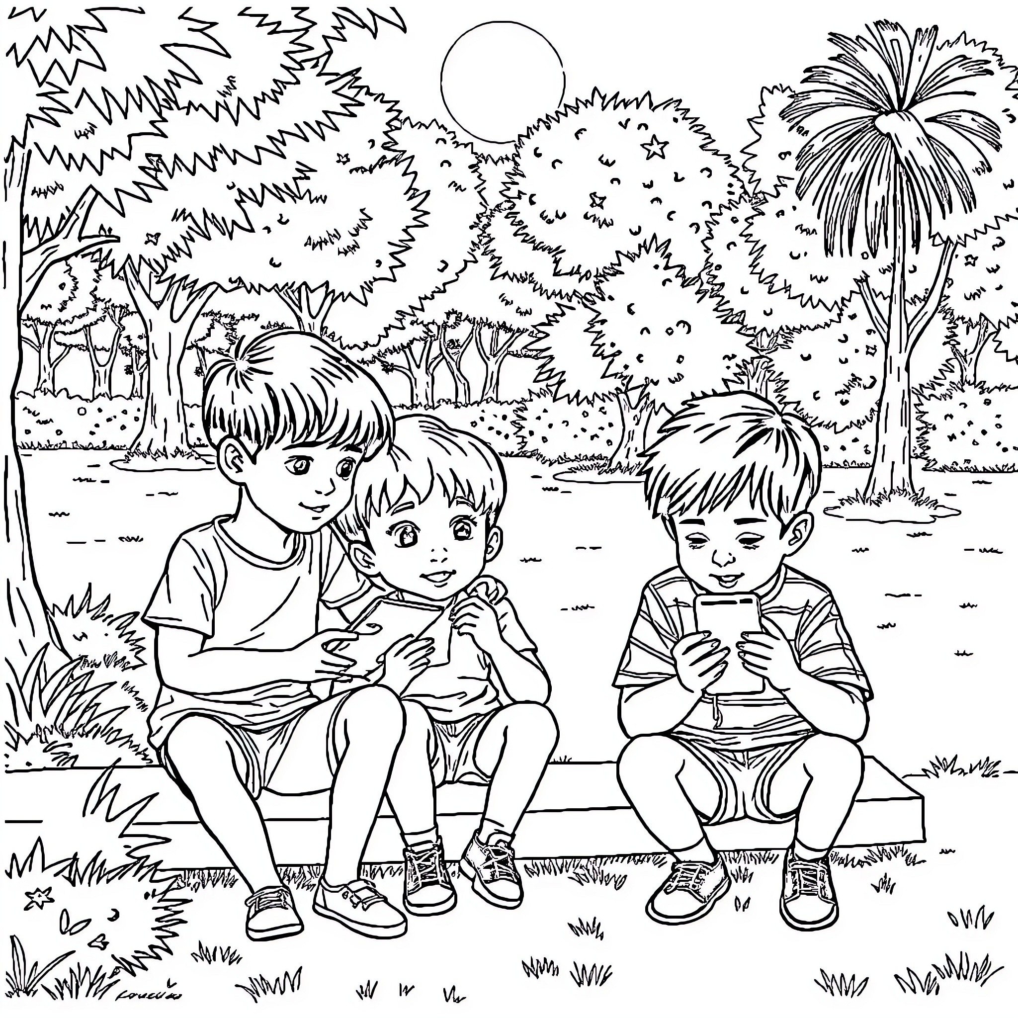 Niños playing together in the park Coloring Page (free black-and-white line drawing printable PDF for all, from beginners to advanced learners, including children, teens, adults, and seniors)