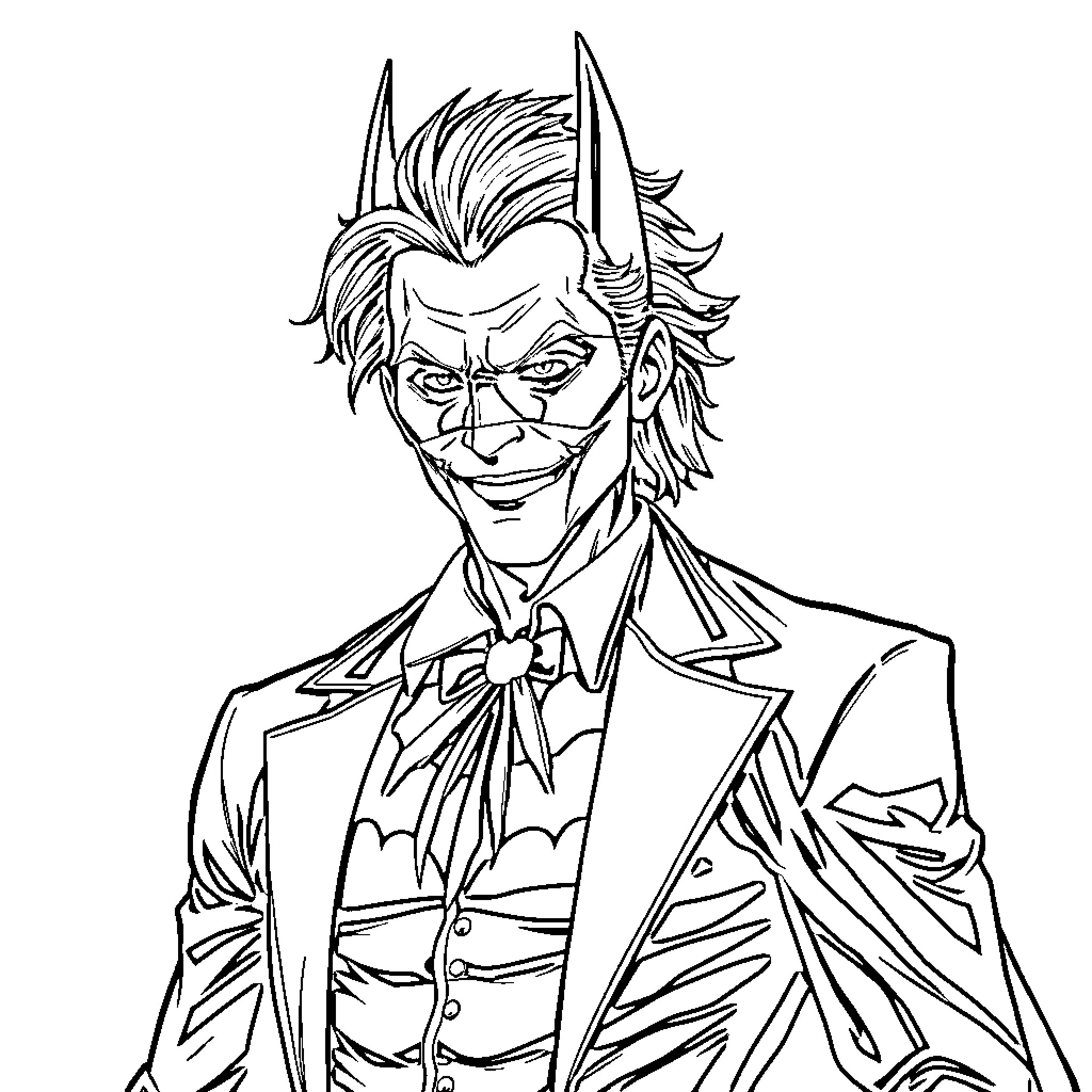 Joker's Mischievous Grin and Eccentric Attire Coloring Page (free black-and-white line drawing printable PDF for all, from beginners to advanced learners, including children, teens, adults, and seniors)