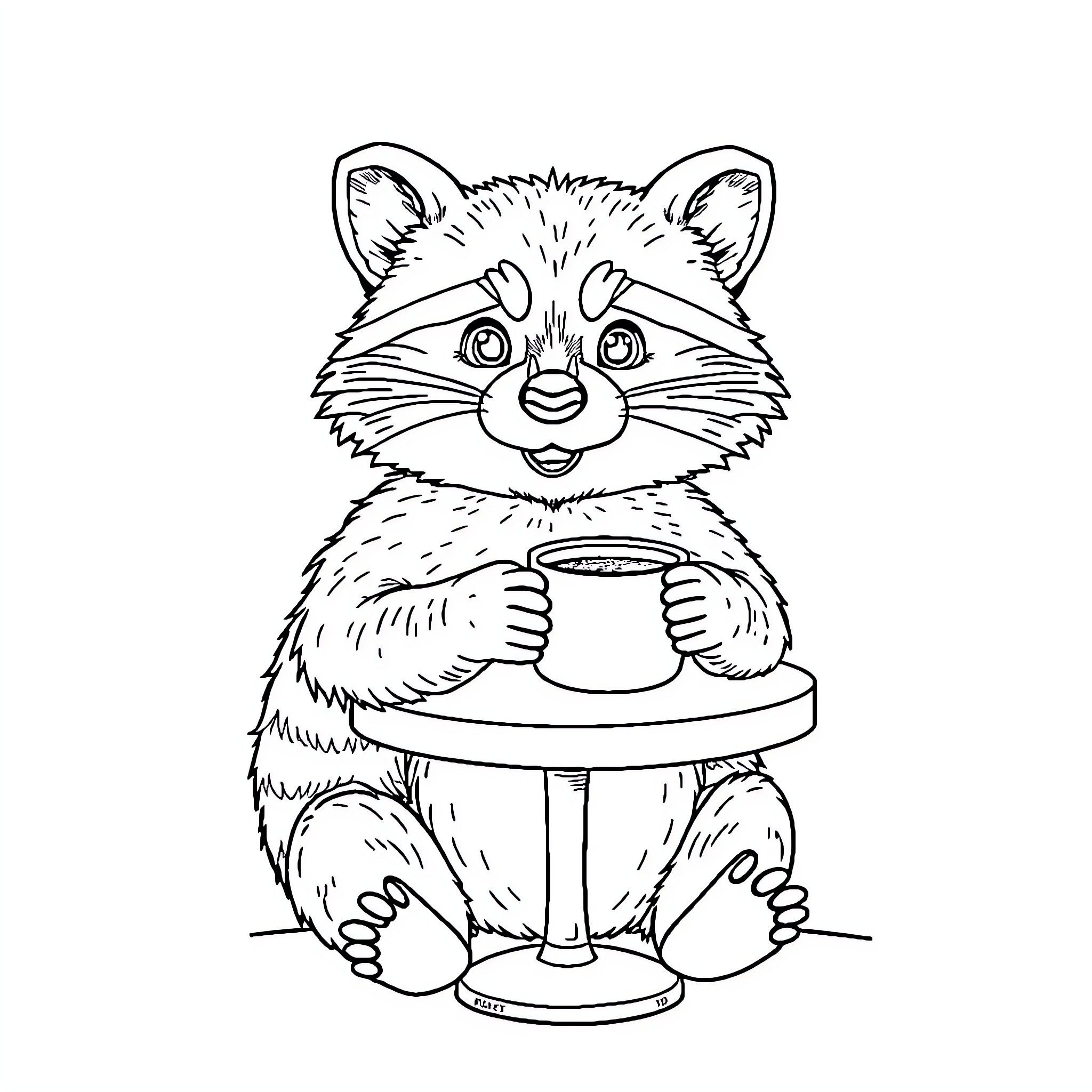Raccoon enjoying a hot beverage Coloring Page (free black-and-white line drawing printable PDF for all, from beginners to advanced learners, including children, teens, adults, and seniors)