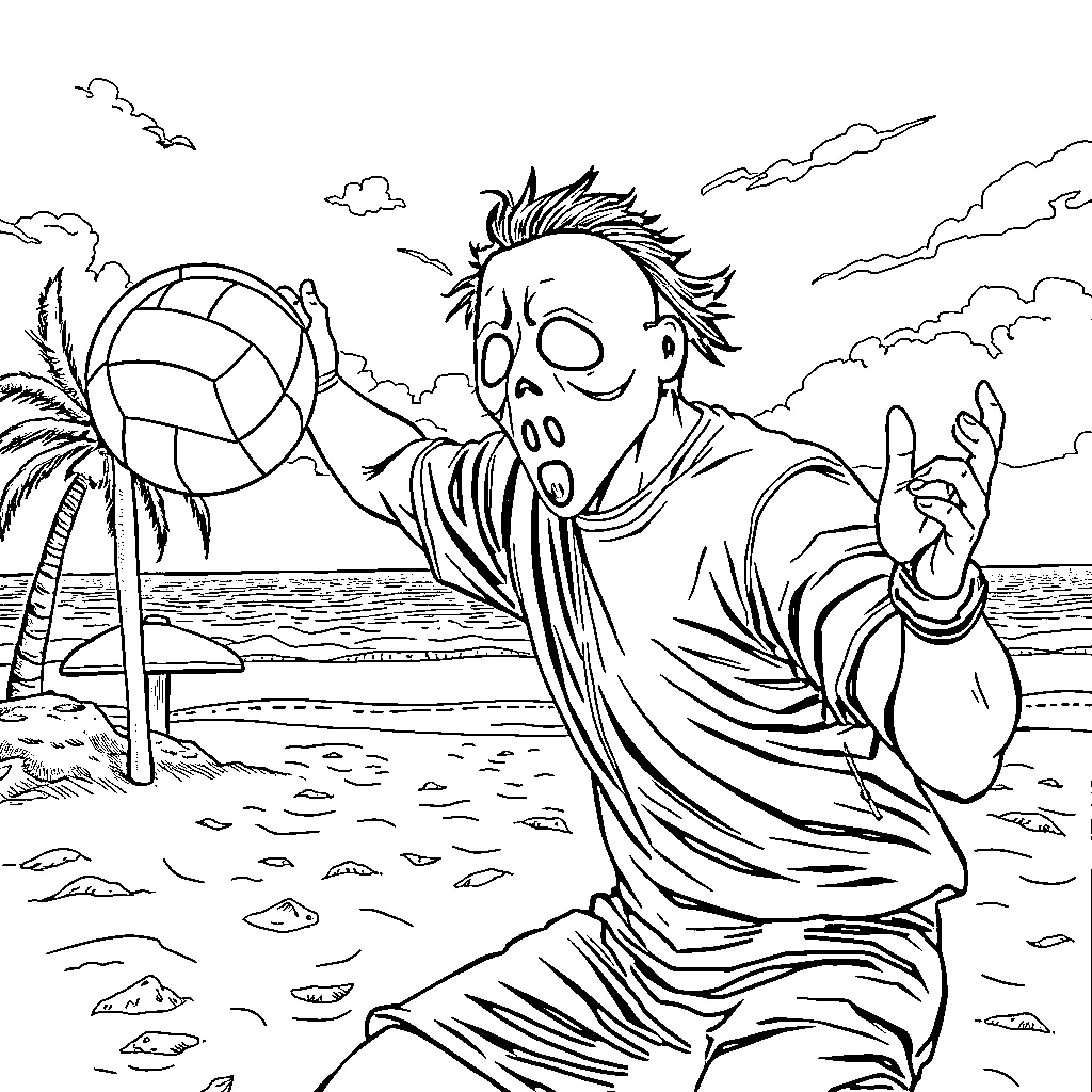 Michael Myers playing volleyball on a spooky beach Coloring Page (free black-and-white line drawing printable PDF for all, from beginners to advanced learners, including children, teens, adults, and seniors)