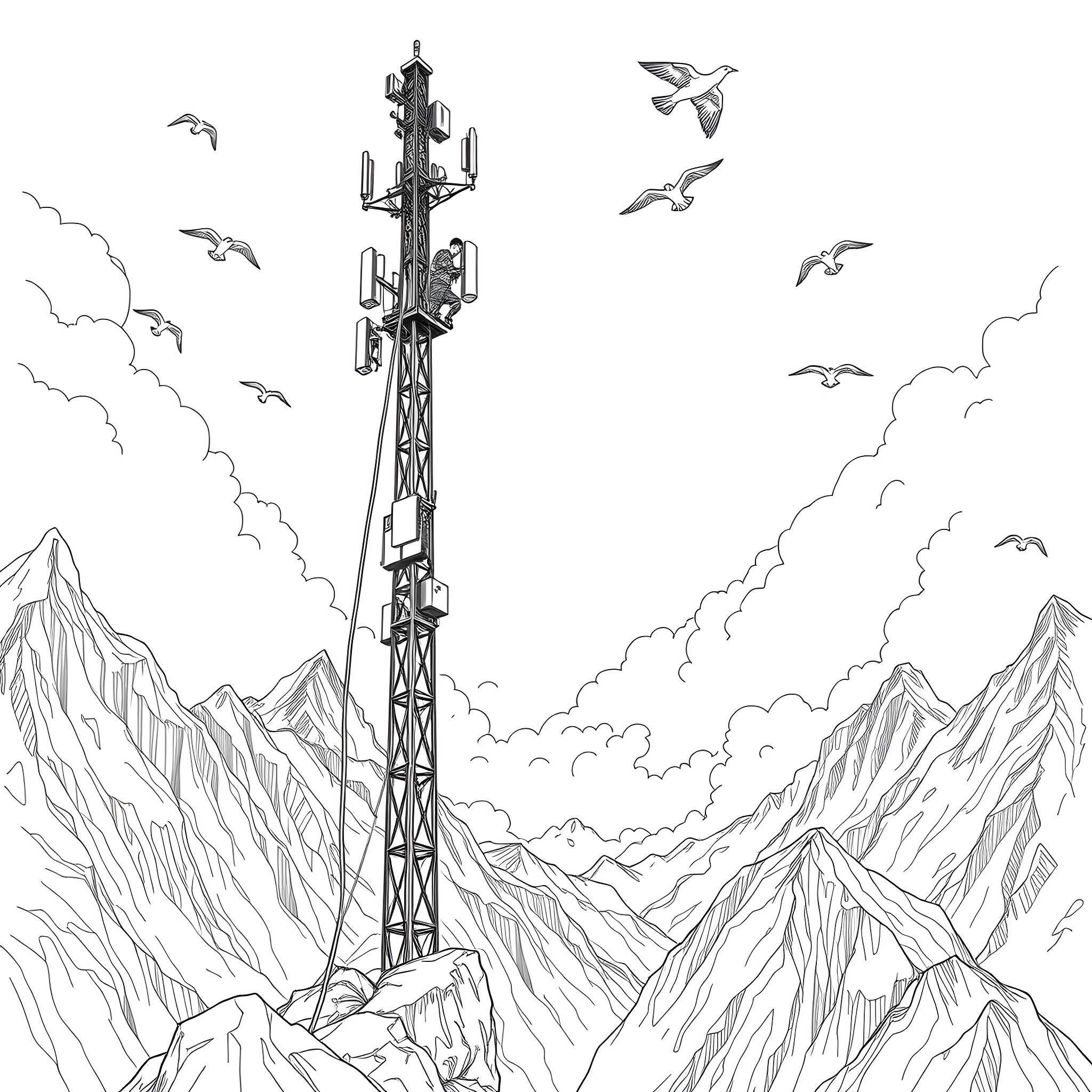 Man atop a tall communication tower in the mountains Coloring Page (free black-and-white line drawing printable PDF for all, from beginners to advanced learners, including children, teens, adults, and seniors)