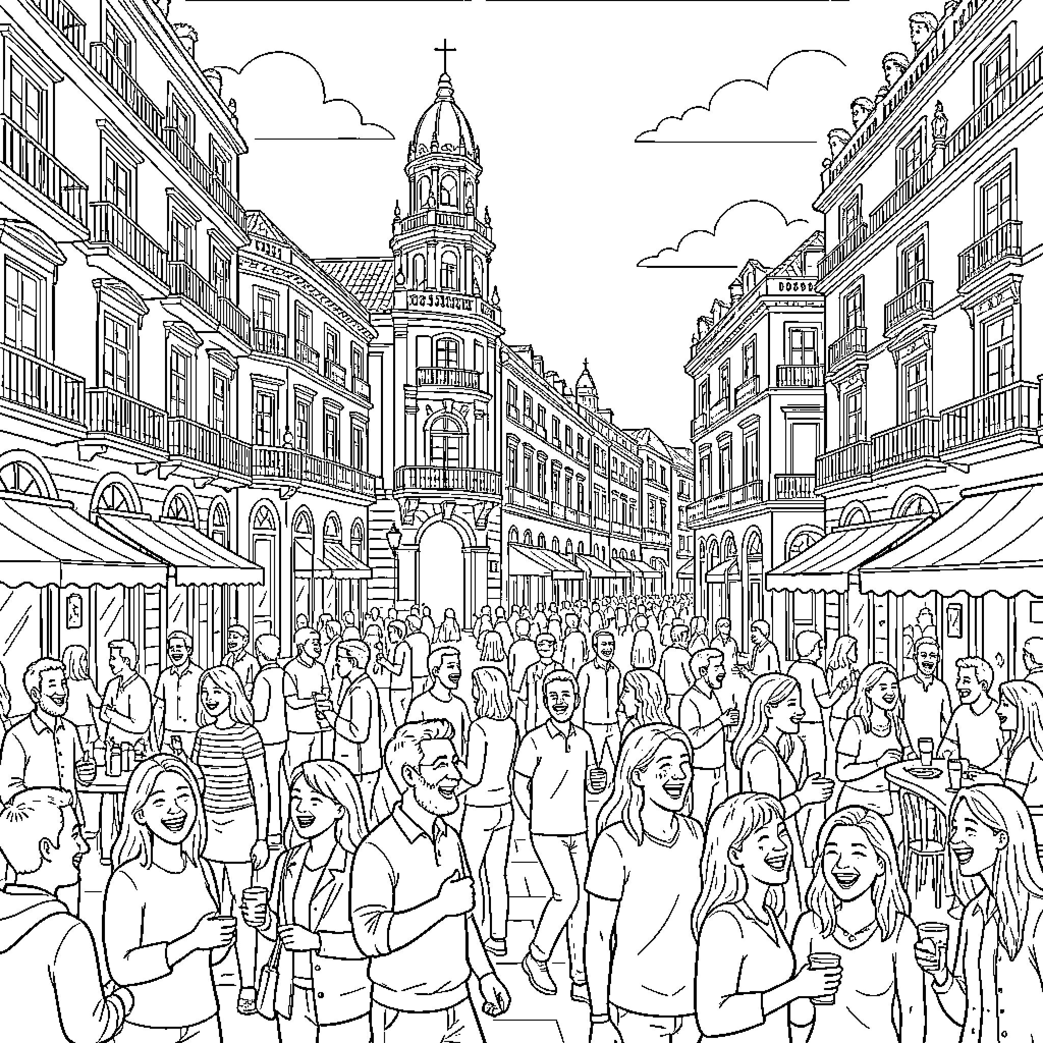 Madrid Street Scene with Bustling Crowds and Iconic Architecture Coloring Page (free black-and-white line drawing printable PDF for all, from beginners to advanced learners, including children, teens, adults, and seniors)