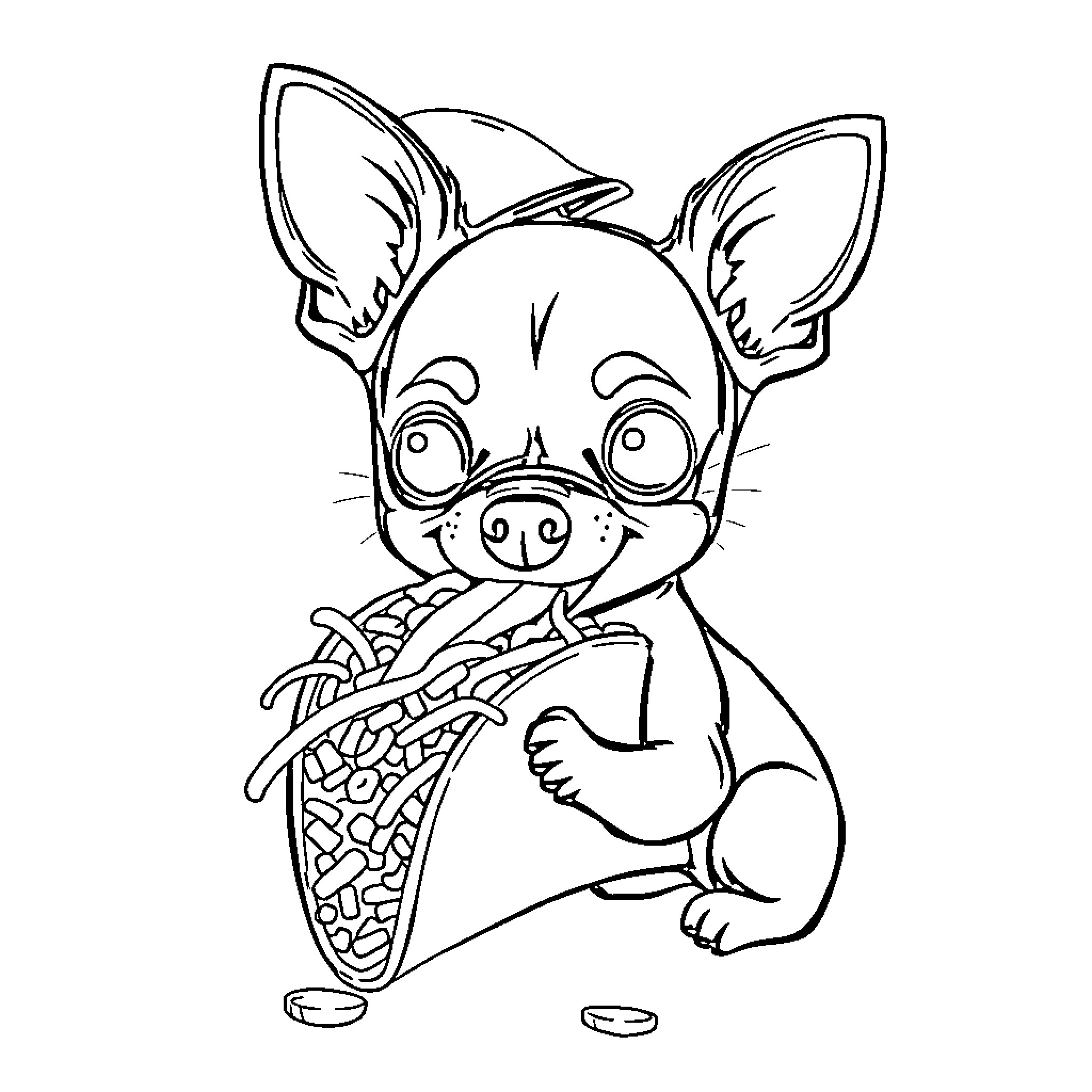 Chihuahua eating a taco enthusiastically Coloring Page (free black-and-white line drawing printable PDF for all, from beginners to advanced learners, including children, teens, adults, and seniors)