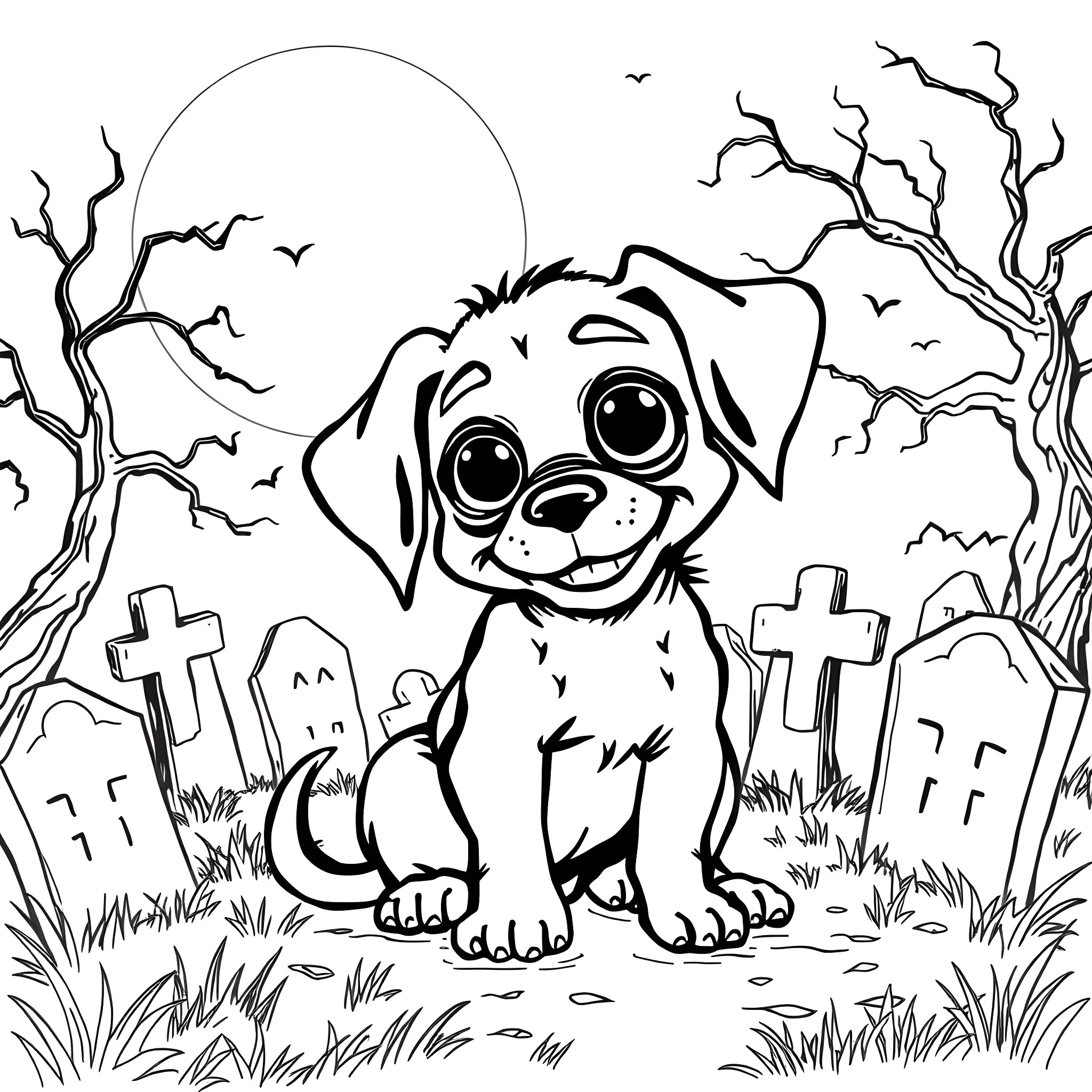 Puppy playing in spooky graveyard Coloring Page (free black-and-white line drawing printable PDF for all, from beginners to advanced learners, including children, teens, adults, and seniors)