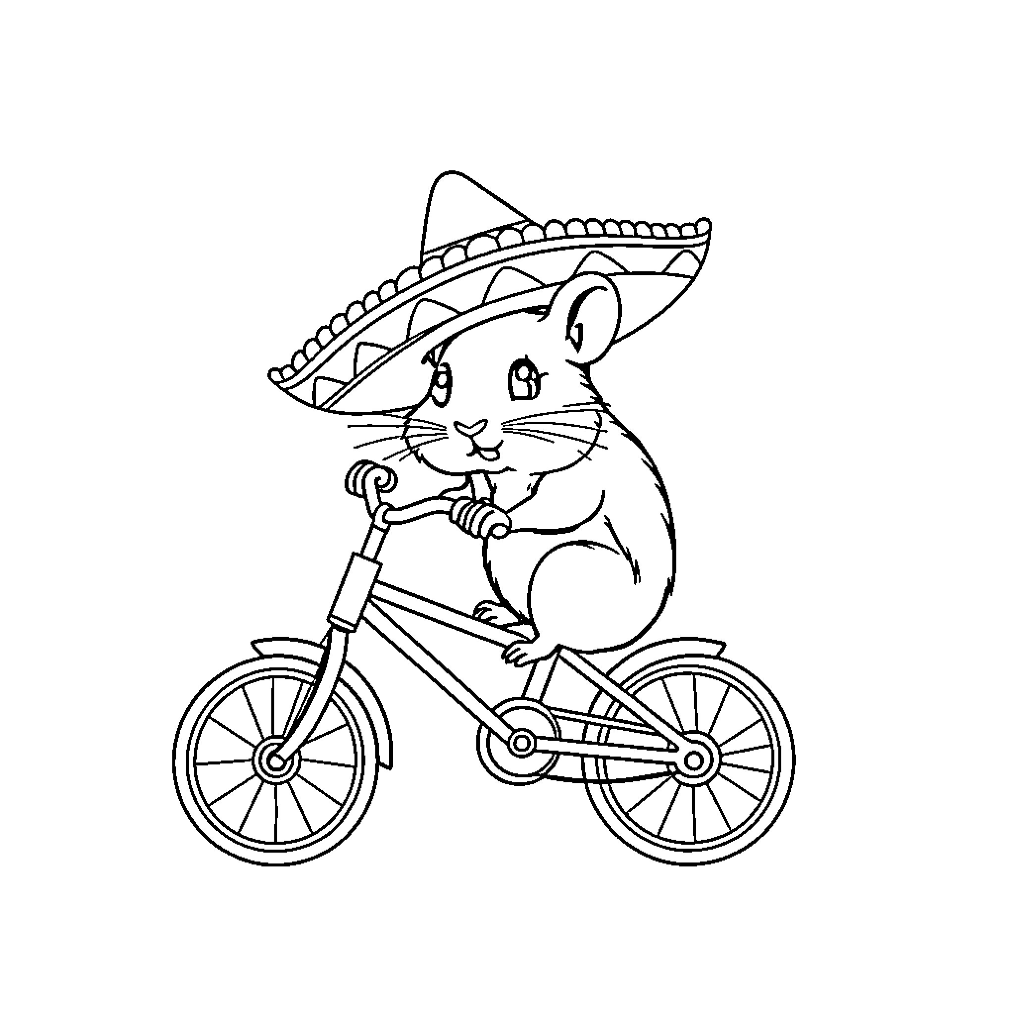 Gerbil riding a bicycle with sombrero Coloring Page (free black-and-white line drawing printable PDF for all, from beginners to advanced learners, including children, teens, adults, and seniors)